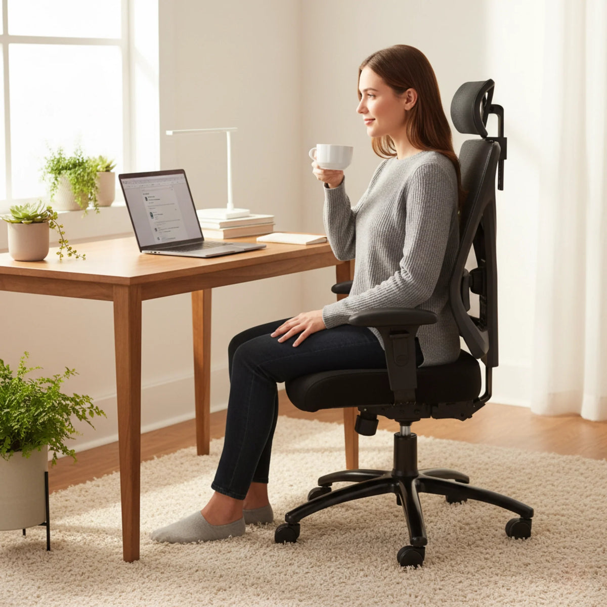 Proizvod je ergonomska uredska stolica, točnije model "Titan". Slika prikazuje ženu kako udobno sjedi u stolici dok drži šalicu, smještenu za drvenim stolom s prijenosnim računalom i ukrasnim biljkama u blizini. Ambijent se čini svijetlim i privlačnim, s prirodnim svjetlom koje dopire kroz prozor.