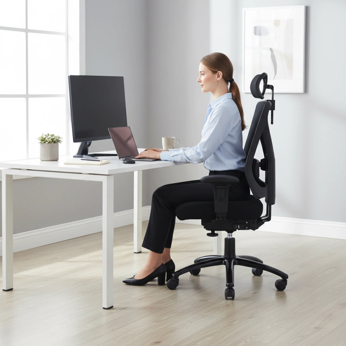 Slika prikazuje ergonomsku uredsku stolicu, točnije model "Titan". Žena sjedi za radnim stolom i radi na prijenosnom računalu dok je monitor postavljen u blizini. Radni prostor je dobro osvijetljen, s vidljivom biljkom u tegli i šalicom, stvarajući profesionalno i ugodno okruženje.