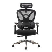 Proizvod je ergonomska uredska stolica dizajnirana za udobnost i potporu tijekom dugih sati sjedenja. Odlikuje se mrežastim naslonom za leđa za prozračnost, podesivim naslonima za ruke i podstavljenim sjedalom. Stolica ima moderan dizajn s elegantnom crnom završnom obradom i čvrstim postoljem s kotačićima za mobilnost.