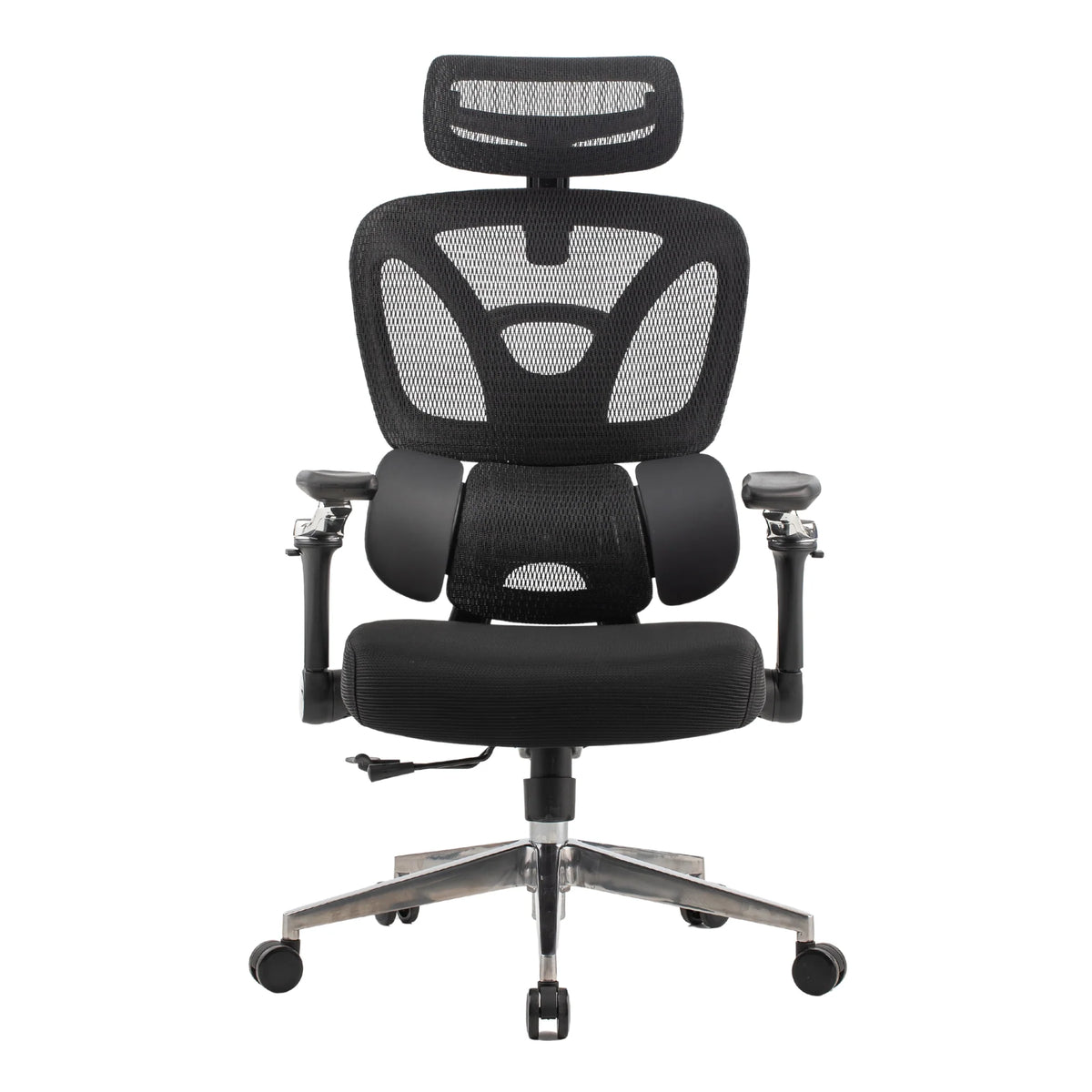 Proizvod je ergonomska uredska stolica dizajnirana za udobnost i potporu tijekom dugih sati sjedenja. Odlikuje se mrežastim naslonom za leđa za prozračnost, podesivim naslonima za ruke i podstavljenim sjedalom. Stolica ima moderan dizajn s elegantnom crnom završnom obradom i čvrstim postoljem s kotačićima za mobilnost.