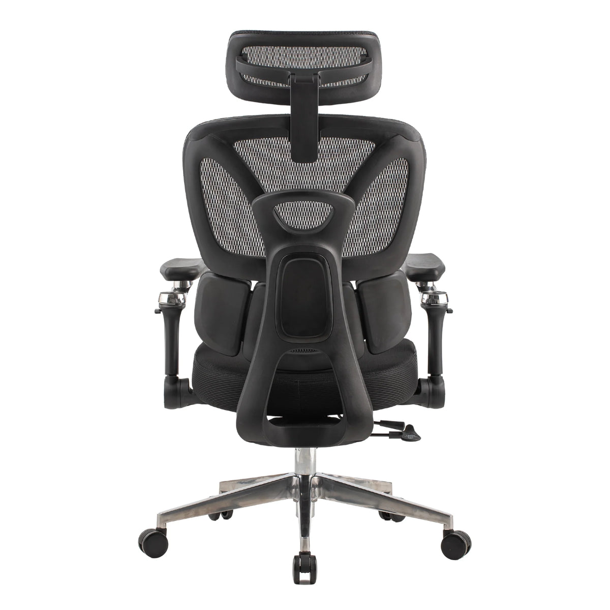 Proizvod je ergonomska uredska stolica, točnije model Trek. Slika prikazuje pogled na stolicu straga, s mrežastim dizajnom za prozračnost, podesivim naslonima za ruke i naslonom za glavu koji pruža potporu. Stolica je montirana na kromiranu bazu s kotačićima za mobilnost.