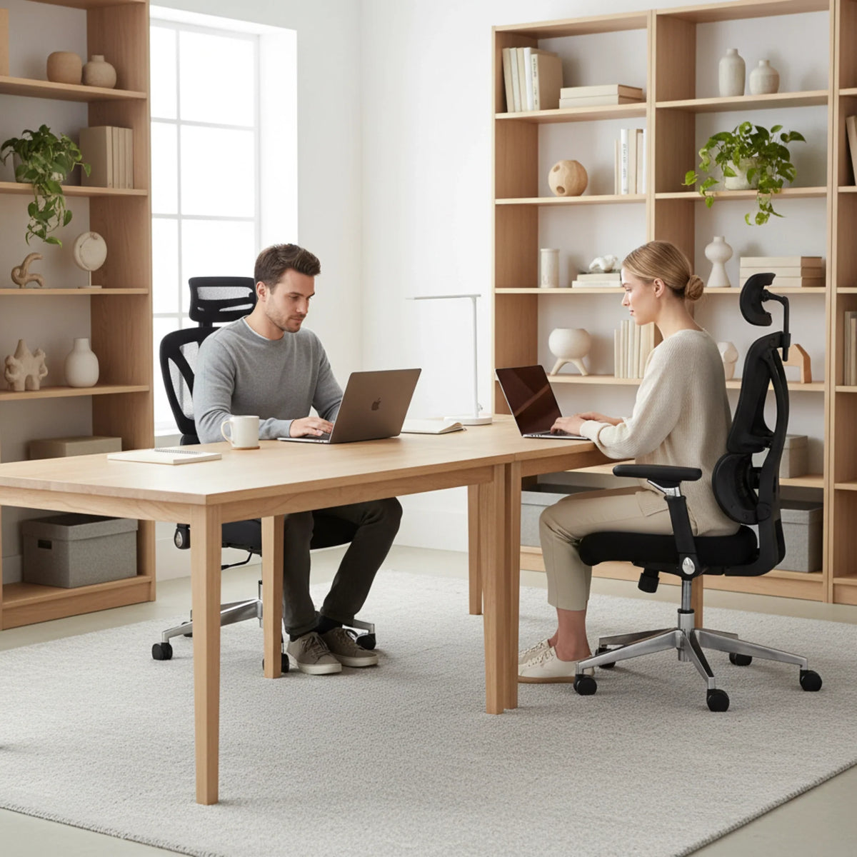 Proizvod je ergonomska uredska stolica, točnije model Trek. Slika prikazuje dvije osobe koje rade za drvenim stolom u modernom uredskom prostoru. Jedna osoba sjedi u crnoj ergonomskoj stolici s mrežastim naslonom, dok druga koristi sličnu stolicu. Pozadina prikazuje police s ukrasnim predmetima i biljkama, stvarajući moderan i funkcionalan radni prostor.