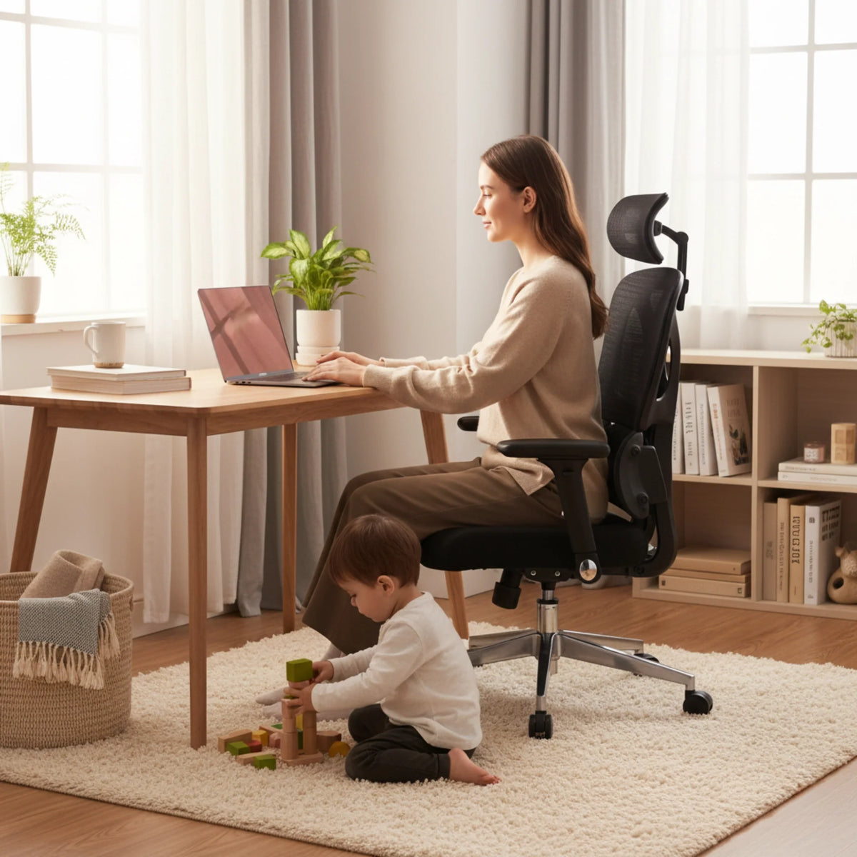 Proizvod je ergonomska uredska stolica, točnije model "Trek". Slika prikazuje ženu kako udobno sjedi za drvenim stolom i radi na prijenosnom računalu, dok se malo dijete u blizini igra s kockama na mekom tepihu. Ambijent je svijetao i ugodan, s biljkama i policama za knjige u pozadini.