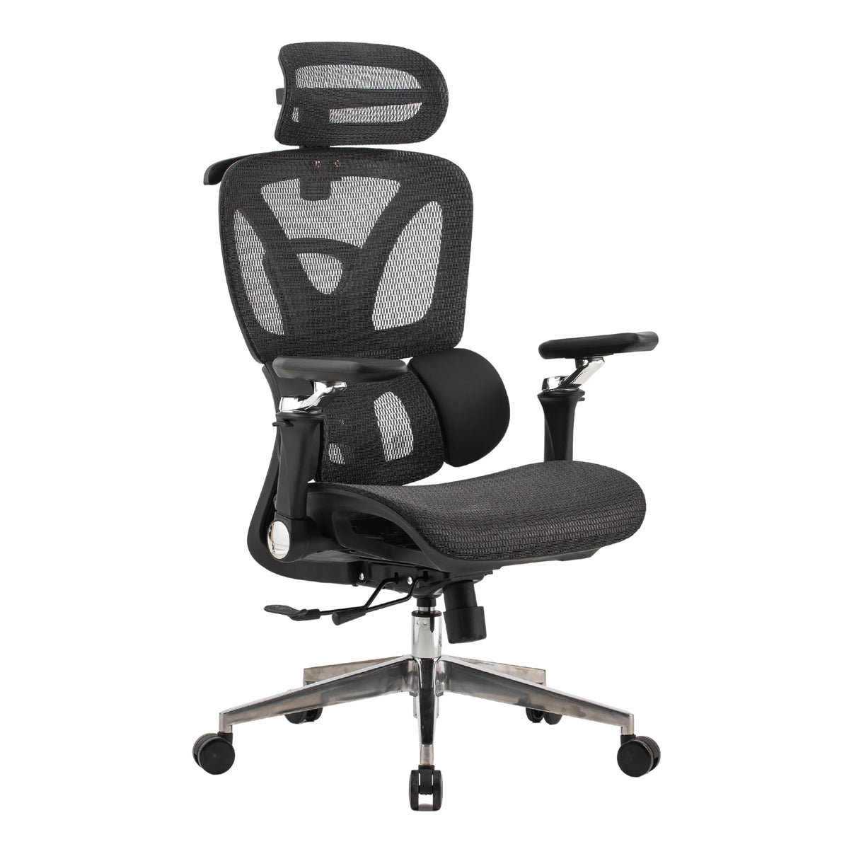 Proizvod je ergonomska uredska stolica, točnije model Trek Plus. Stolica ima mrežasti naslon za leđa za prozračnost, podesivi naslon za glavu i podstavljene naslone za ruke. Ima elegantan dizajn s crnom shemom boja i kromiranom bazom, što je čini prikladnom za moderna uredska okruženja.