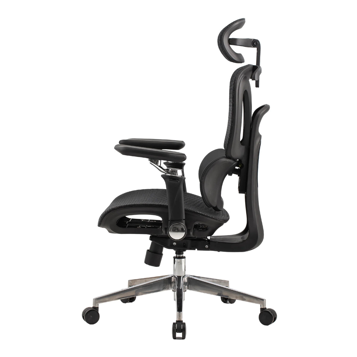 Proizvod je ergonomska uredska stolica, točnije model Trek Plus. Slika prikazuje stolicu sa strane, ističući njezin elegantan dizajn, podesive naslone za ruke i naslon za leđa koji pruža potporu. Stolica ima modernu bazu s kotačićima za mobilnost, što je čini prikladnom za uredsku upotrebu.