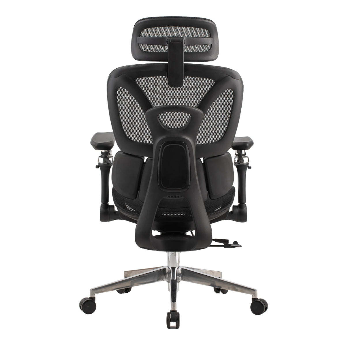 Proizvod je ergonomska uredska stolica, točnije model Trek Plus. Slika prikazuje pogled na stolicu sa stražnje strane, s mrežastim dizajnom za prozračnost, podesivim naslonima za ruke i potpornim naslonom za glavu. Baza je metalna, opremljena kotačićima za mobilnost.