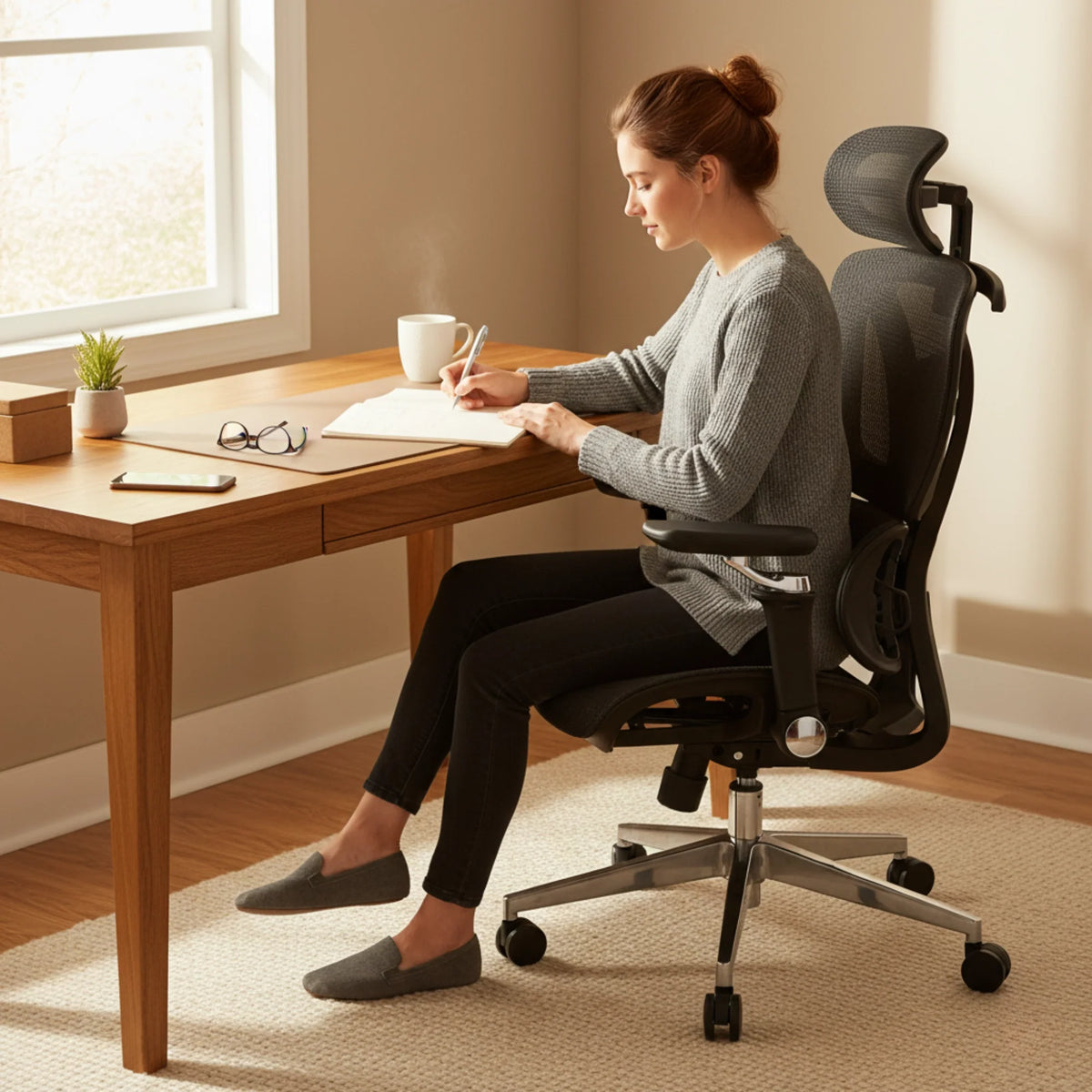 Slika prikazuje model ergonomske uredske stolice pod nazivom "Trek Plus". Prikazuje ženu koja udobno sjedi za drvenim stolom i piše u bilježnicu. Stolica ima moderan dizajn s mrežastim naslonom za prozračnost i podesivim značajkama, naglašavajući ergonomsku potporu. Okruženje je svijetlo i ugodno, sa šalicom kave i malom biljkom na stolu.