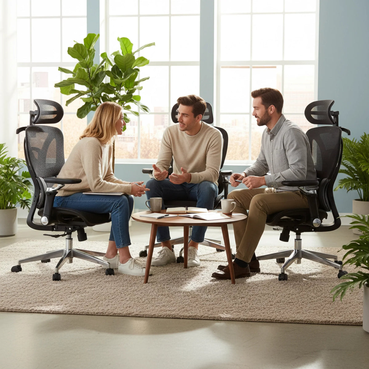 Slika prikazuje ergonomsku uredsku stolicu, točnije model Trek Plus. Na slici troje ljudi razgovara oko stolića za kavu u dobro osvijetljenom uredskom prostoru, s biljkama u pozadini, stvarajući opuštenu atmosferu suradnje.