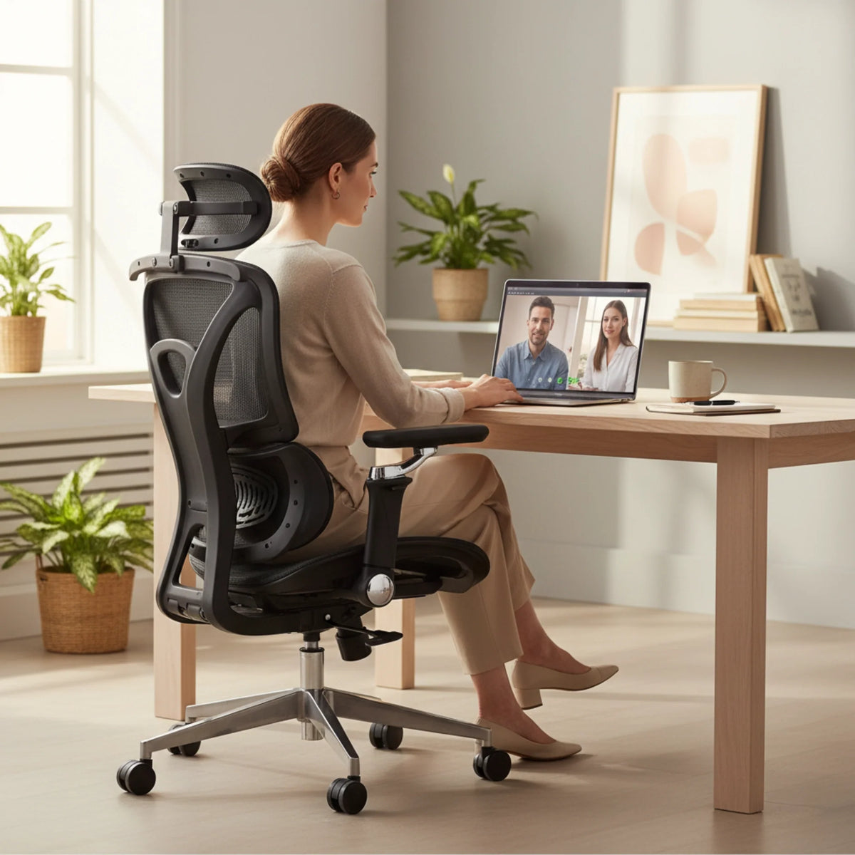 Slika prikazuje model ergonomske uredske stolice "Trek Plus". Prikazuje ženu koja sjedi za stolom i sudjeluje u videopozivu na svom prijenosnom računalu. Stolica ima moderan dizajn s mrežastim naslonom za prozračnost i podesivim značajkama, smještena u dobro osvijetljenoj sobi s biljkama i minimalističkim dekorom.