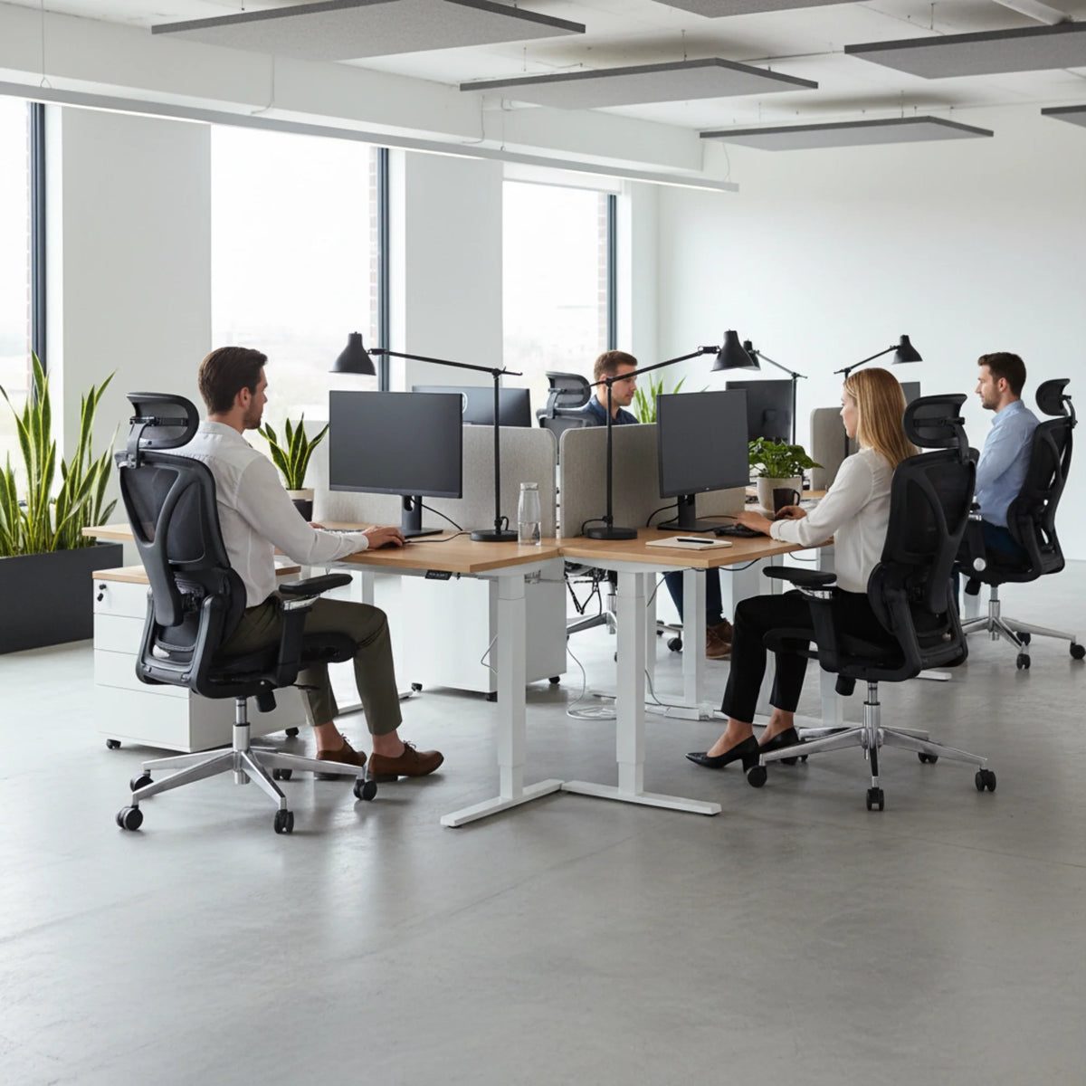 Slika prikazuje ergonomske uredske stolice, točnije model Trek Plus. Prikazuje moderno uredsko okruženje s nekoliko pojedinaca koji sjede za radnim stolovima i rade na računalima. Prostor je dobro osvijetljen s velikim prozorima i uključuje zelenilo, stvarajući ugodnu i produktivnu atmosferu.