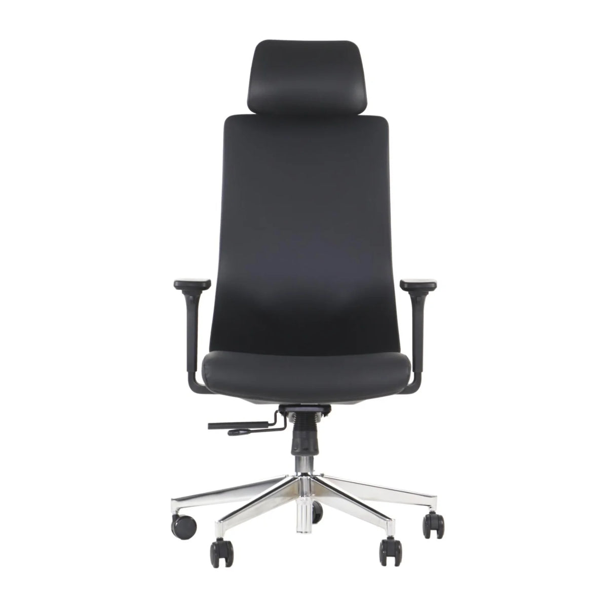 Proizvod je ergonomska uredska stolica, dizajnirana za udobnost i potporu tijekom dugih sati sjedenja. Odlikuje se elegantnim crnim dizajnom s visokim naslonom za leđa i podesivim naslonima za ruke. Stolica je postavljena na kromiranu bazu s kotačićima za lakšu mobilnost i uključuje polugu za podešavanje visine.