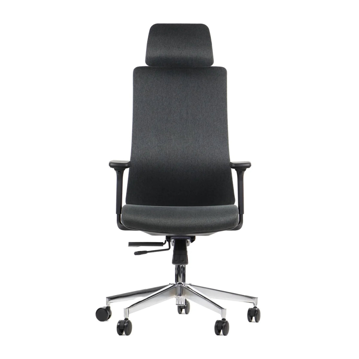 Proizvod je ergonomska uredska stolica, dizajnirana za udobnost i potporu tijekom dugih sati sjedenja. Sadrži visoki naslon za leđa s naslonom za glavu, podesive naslone za ruke i elegantan, moderan dizajn od tamne tkanine. Stolica je postavljena na kromiranu bazu s kotačićima za mobilnost.