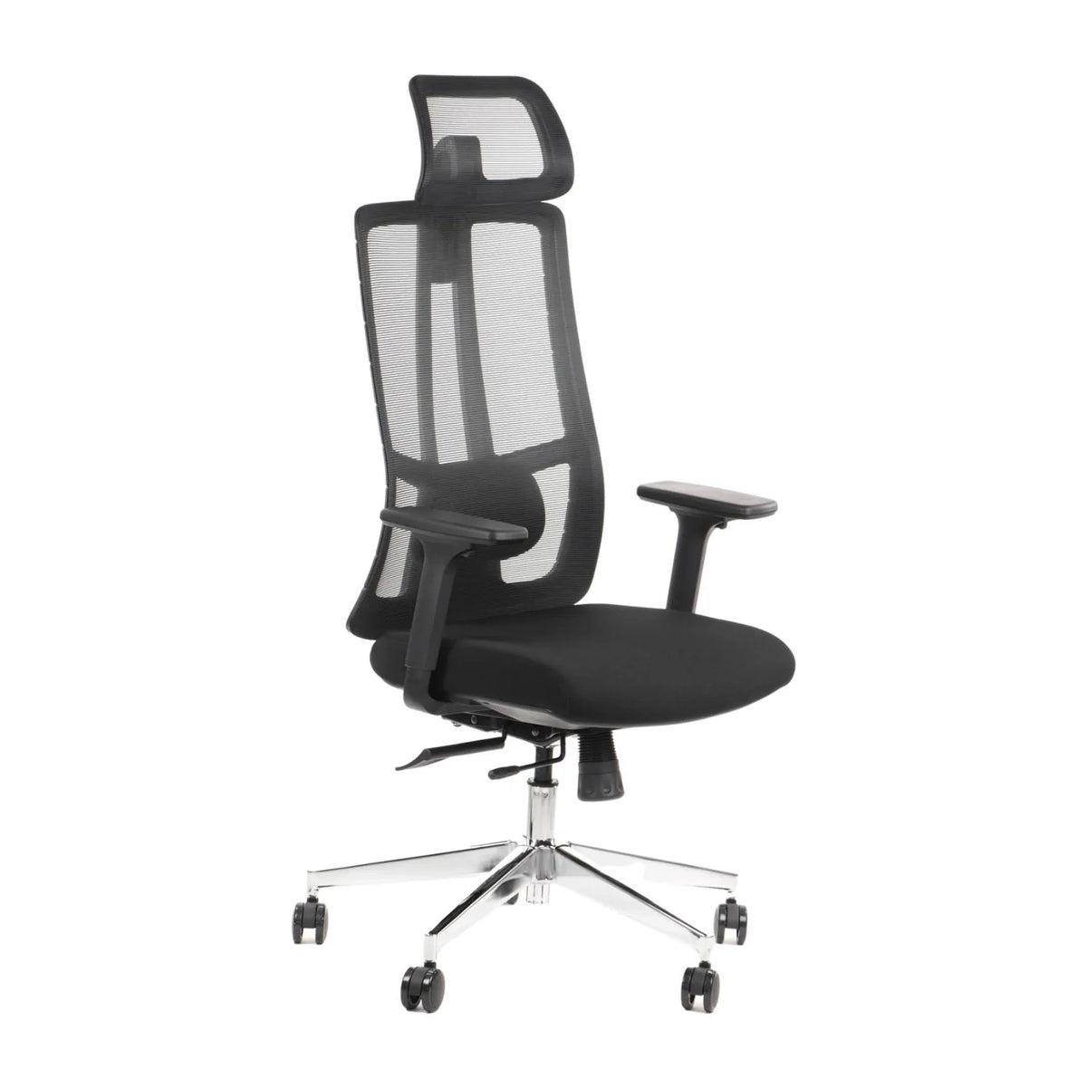 Proizvod je ergonomska uredska stolica dizajnirana za udobnost i potporu tijekom dugih sati sjedenja. Odlikuje se visokim mrežastim naslonom za leđa za prozračnost i podesivim naslonima za ruke. Stolica ima elegantan crni dizajn s kromiranim postoljem i rotirajućim kotačićima, što je čini prikladnom za moderna uredska okruženja.