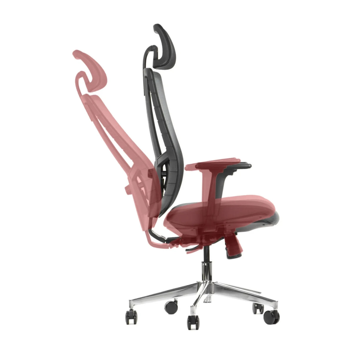 Proizvod je ergonomska uredska stolica, točnije model Akcent. Slika prikazuje stolicu u bočnom pogledu, ističući njezine podesive značajke, uključujući nagibni naslon za leđa i naslone za ruke. Dizajn naglašava udobnost i potporu, prikladnu za dugotrajnu upotrebu u uredskom okruženju.