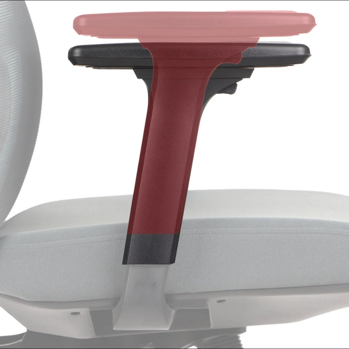 Slika prikazuje ergonomsku uredsku stolicu, točnije model Akcent. Prikazuje dizajn naslona za ruke, ističući njegov podesivi mehanizam i detalje u boji, s fokusom na strukturu naslona za ruke i pričvršćivanje na stolicu. Cjelokupna estetika djeluje moderno i funkcionalno, prikladno za uredska okruženja.
