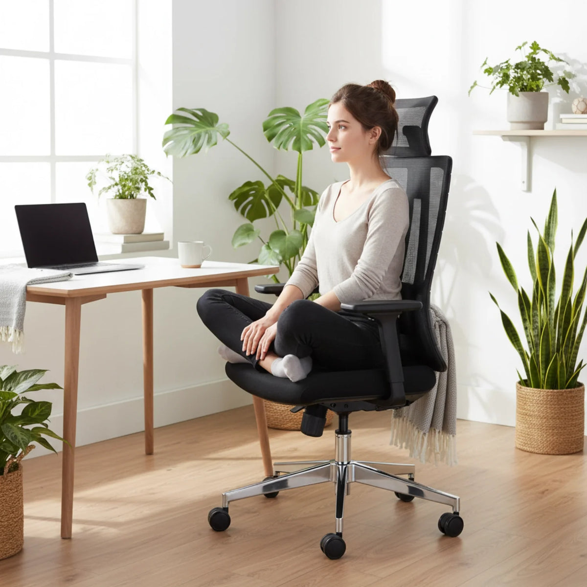 Slika prikazuje ergonomsku uredsku stolicu dizajniranu za udobnost i potporu tijekom dugih sati rada. Prikazuje moderan dizajn s mrežastim naslonom za leđa i podesivim značajkama. Žena sjedi na stolici s prekriženim nogama, u svijetlom i stilski uređenom radnom prostoru koji uključuje drveni stol, prijenosno računalo i razne sobne biljke, stvarajući spokojnu atmosferu.