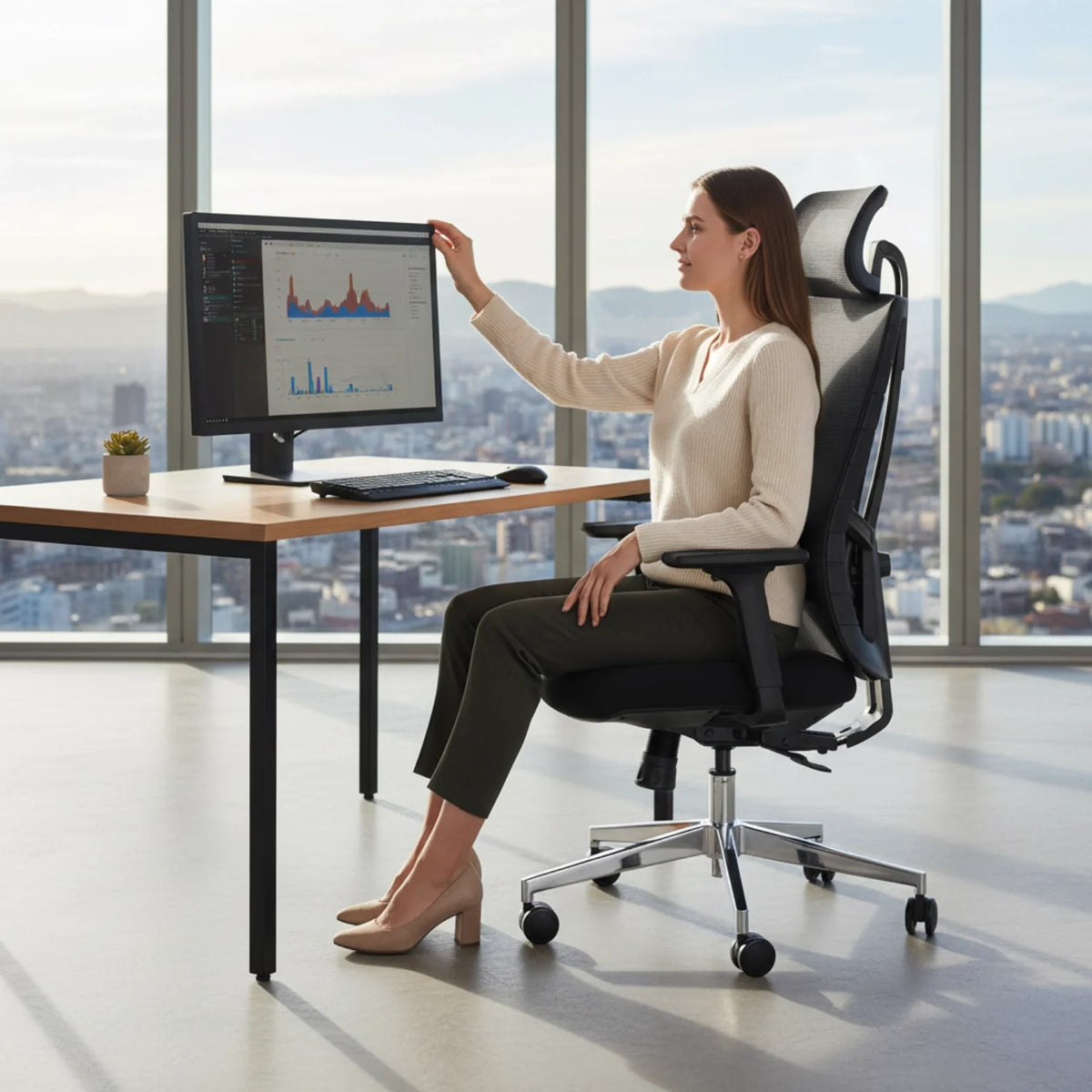 Slika prikazuje ergonomsku uredsku stolicu, vjerojatno brenda Akcent. Žena sjedi na stolici za modernim stolom i podešava računalni monitor koji prikazuje grafikone. Okruženje je svijetlo i prostrano, s velikim prozorima koji otkrivaju panoramu grada u pozadini.