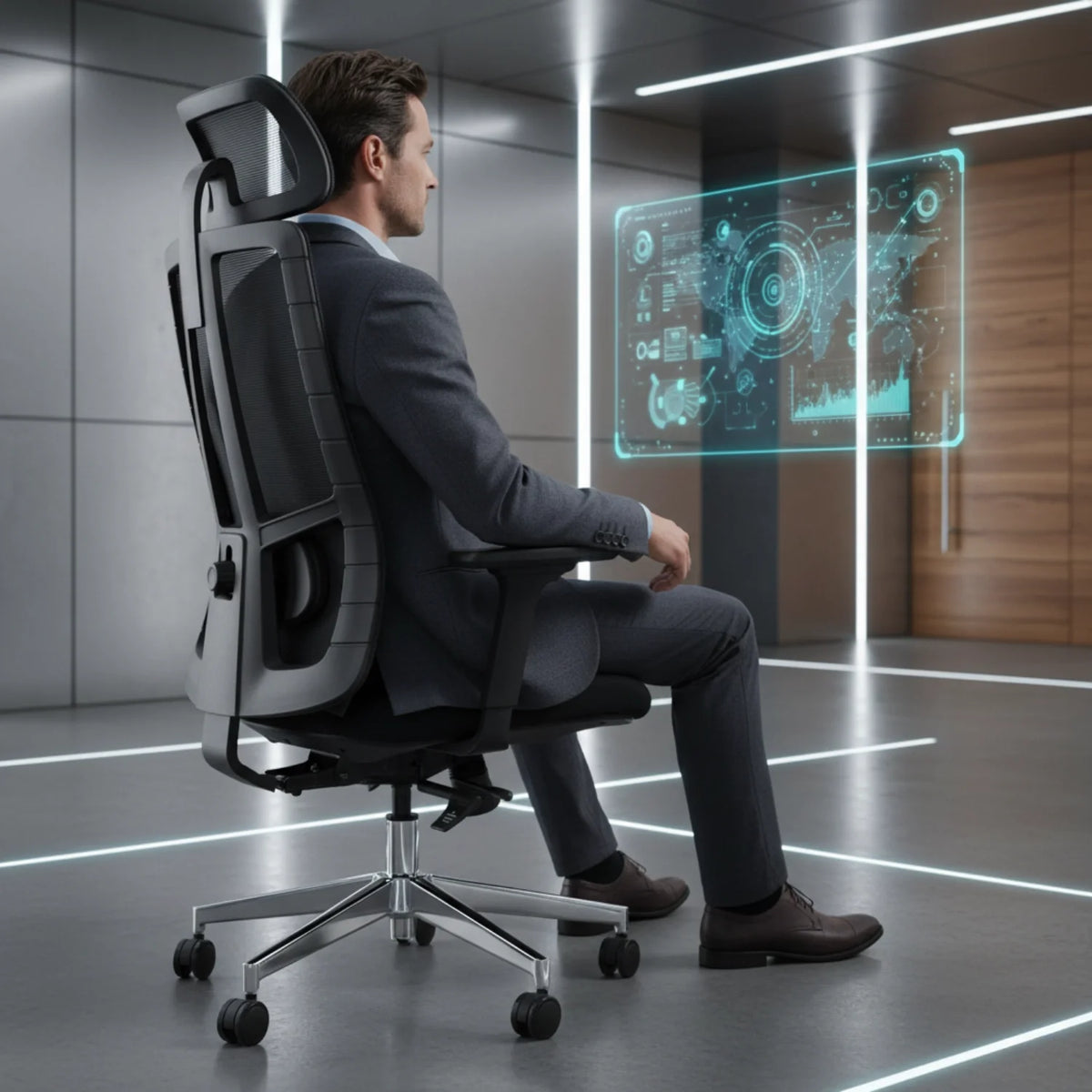 Proizvod je ergonomska uredska stolica, točnije model Akcent. Slika prikazuje muškarca u odijelu kako sjedi u stolici, koja ima moderan dizajn s naslonom od mrežaste tkanine za prozračnost i podesivim komponentama. U pozadini je projicirano futurističko sučelje, što sugerira visokotehnološko radno okruženje.