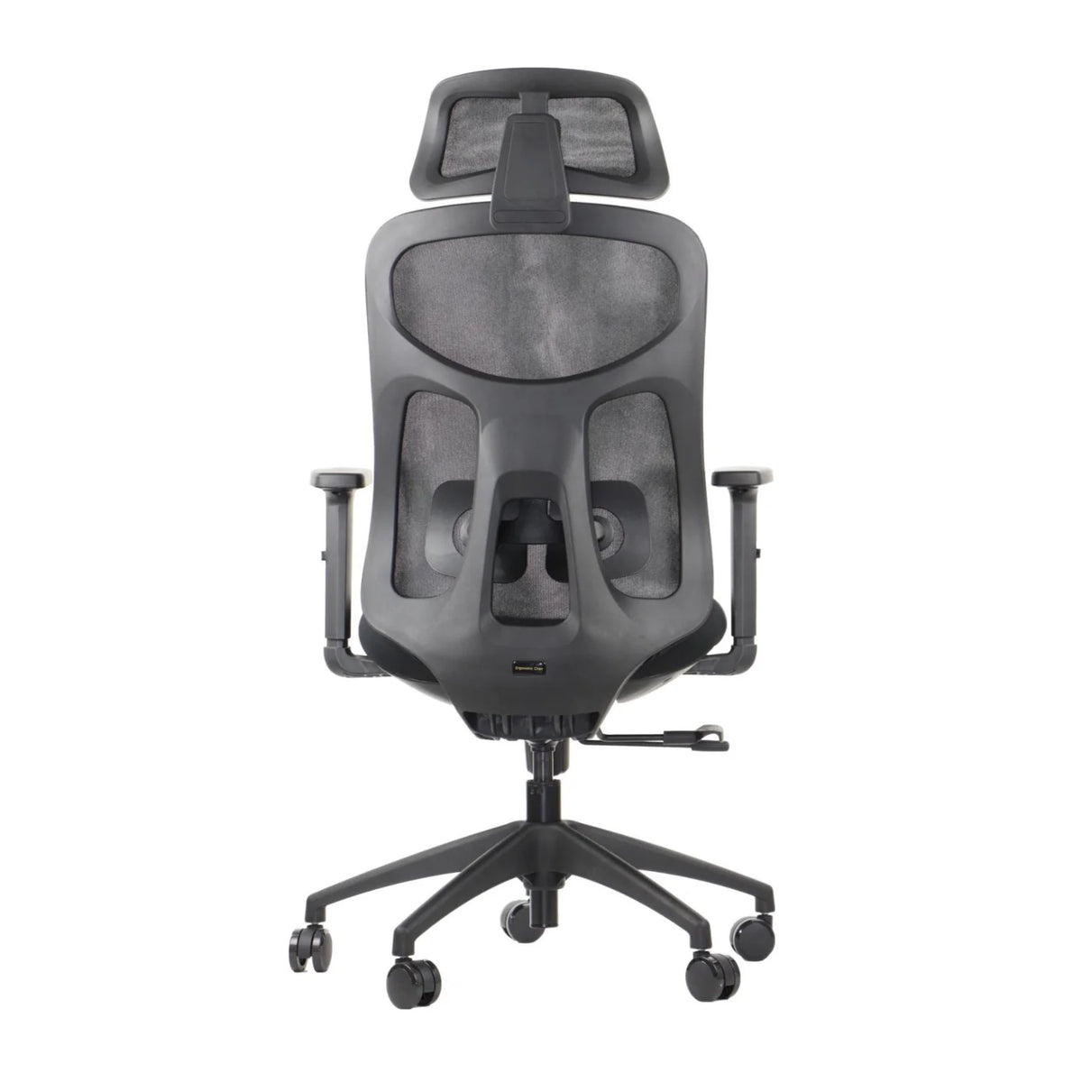 Proizvod je ergonomska uredska stolica, točnije model Arden. Slika prikazuje pogled na stolicu sa stražnje strane, s elegantnim dizajnom od mrežastog materijala za prozračnost. Ima podesive naslone za ruke i bazu podesivu po visini, naglašavajući udobnost i potporu za dugotrajno sjedenje.
