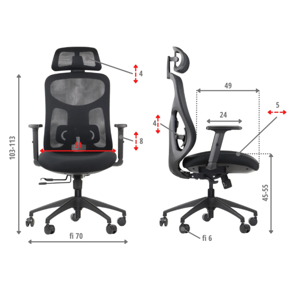 Proizvod je ergonomska uredska stolica, točnije model Arden. Slika prikazuje stolicu iz prednjeg i bočnog pogleda, ističući njezine podesive značajke i dimenzije, uključujući visinu i širinu sjedala i naslona za leđa. Dizajn naglašava udobnost i potporu, prikladnu za dugotrajnu upotrebu.
