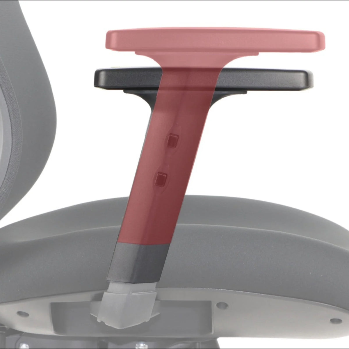 Proizvod je ergonomska uredska stolica, točnije model Arden. Slika prikazuje krupni plan naslona za ruku, ističući njegove podesive značajke i dizajn. Naslon za ruku ima elegantan, moderan izgled s kombinacijom boja i materijala.