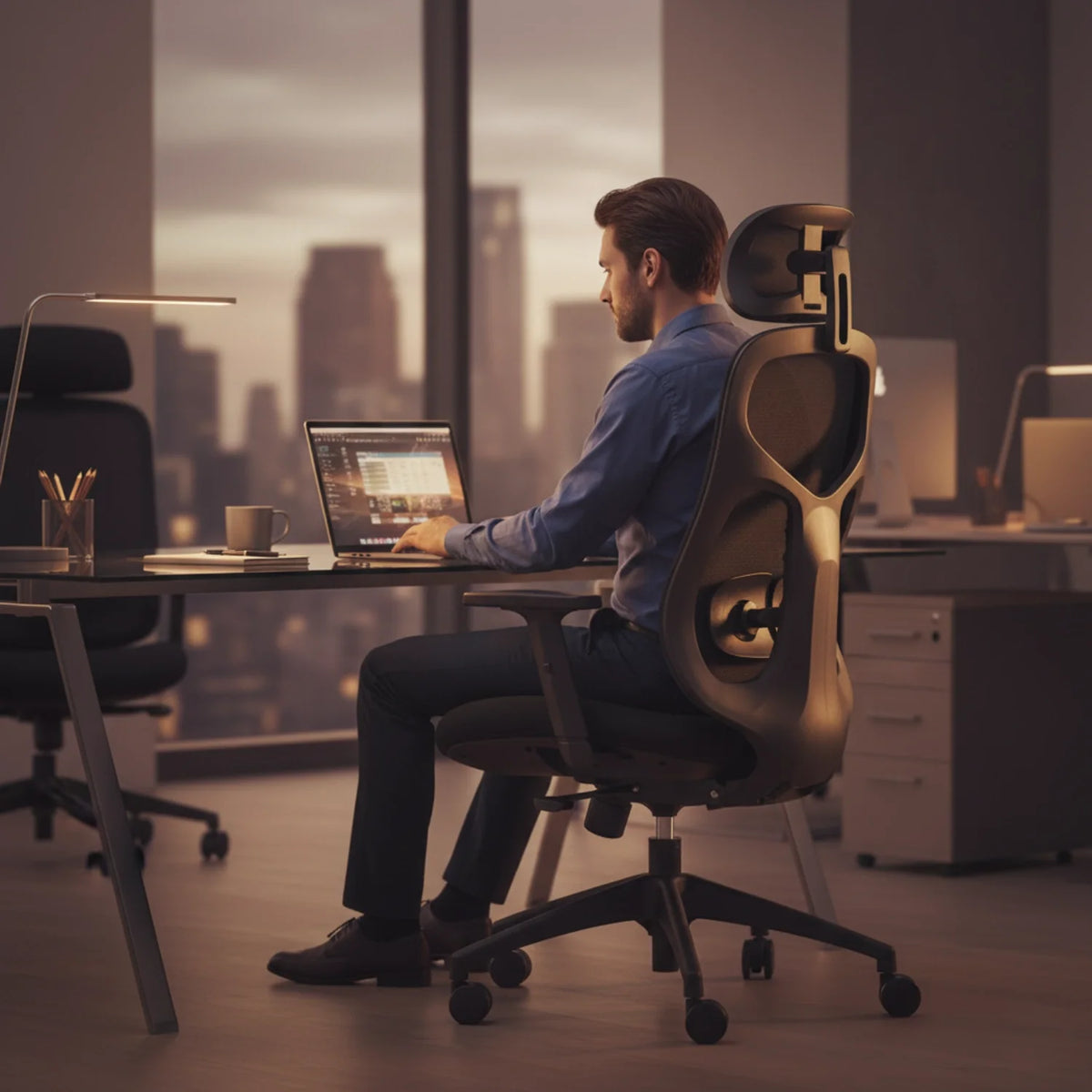 Slika prikazuje ergonomsku uredsku stolicu, točnije model Arden. Prikazuje muškarca koji radi za radnim stolom s prijenosnim računalom, ističući dizajn stolice i značajke potpore. Okruženje se čini kao moderan ured s panoramom grada u pozadini, stvarajući profesionalnu atmosferu.