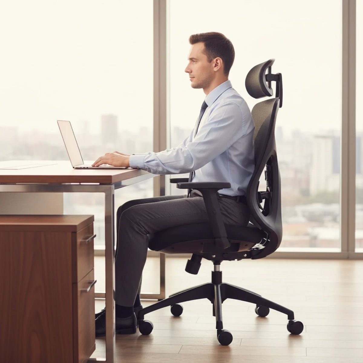 Slika prikazuje ergonomsku uredsku stolicu, točnije model Arden. Prikazuje muškarca u formalnoj odjeći kako sjedi za radnim stolom i radi na prijenosnom računalu, dok je u pozadini vidljivo moderno uredsko okruženje. Stolica je dizajnirana za udobnost i potporu, ističući njezine ergonomske značajke.