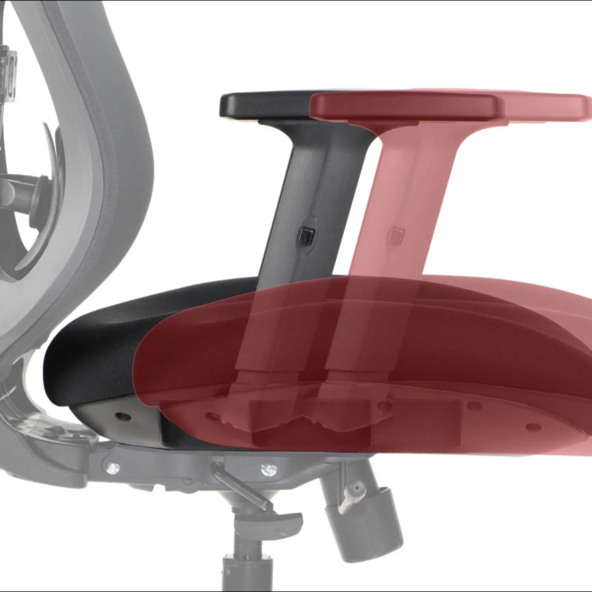 Slika prikazuje ergonomsku uredsku stolicu, točnije model Arden. Prikazuje dizajn naslona za ruke stolice, ističući njegove podesive značajke i elegantnu konstrukciju. Fokus je na naslonu za ruke, koji se čini dvobojnog dizajna, naglašavajući i funkcionalnost i stil.