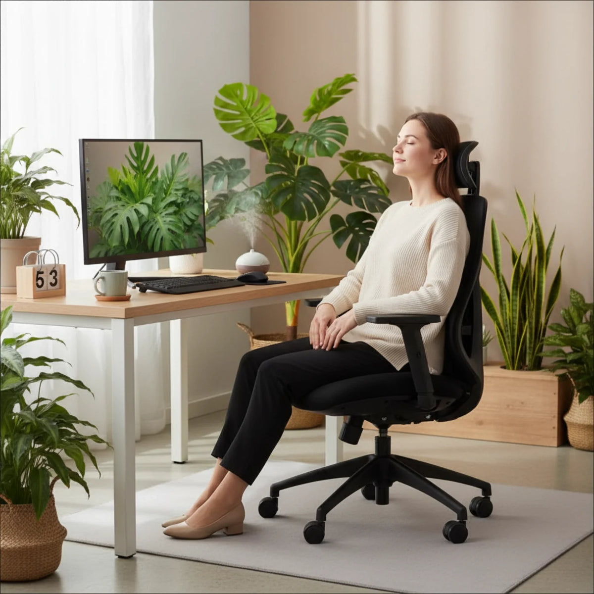 Slika prikazuje ergonomsku uredsku stolicu, točnije model Arden. Prikazuje ženu kako udobno sjedi u stolici za elegantnim radnim stolom koji je ukrašen računalnim monitorom, tipkovnicom i zelenilom. Okruženje je svijetlo i primamljivo, s raznim biljkama u pozadini, stvarajući mirnu atmosferu u radnom prostoru.