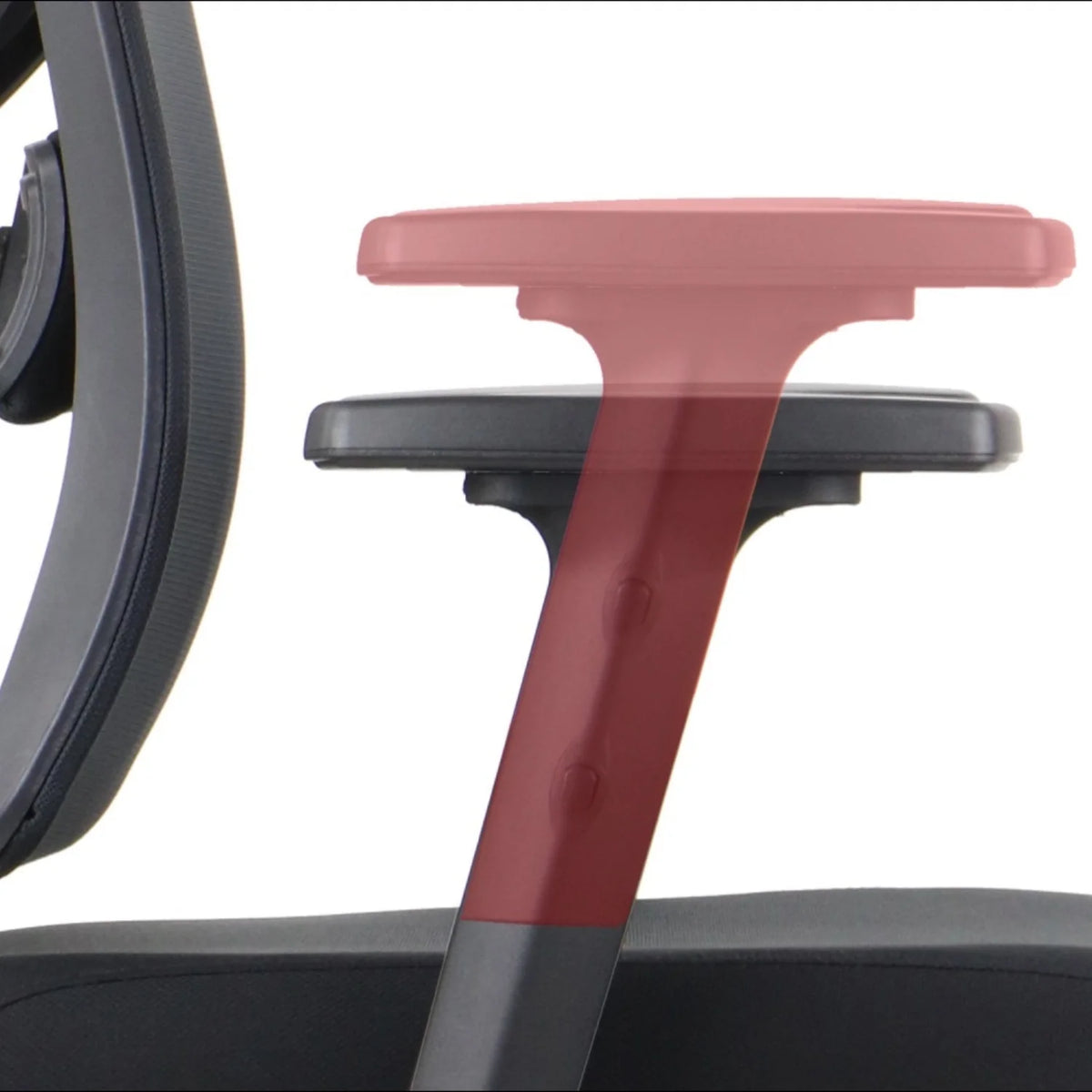 Slika prikazuje ergonomsku uredsku stolicu, točnije model Curtiz. Ističe podesivi mehanizam naslona za ruke, pokazujući kako se naslon za ruke može pomicati gore-dolje za optimalnu udobnost. Dizajn naglašava funkcionalnost i prilagodljivost korisniku.