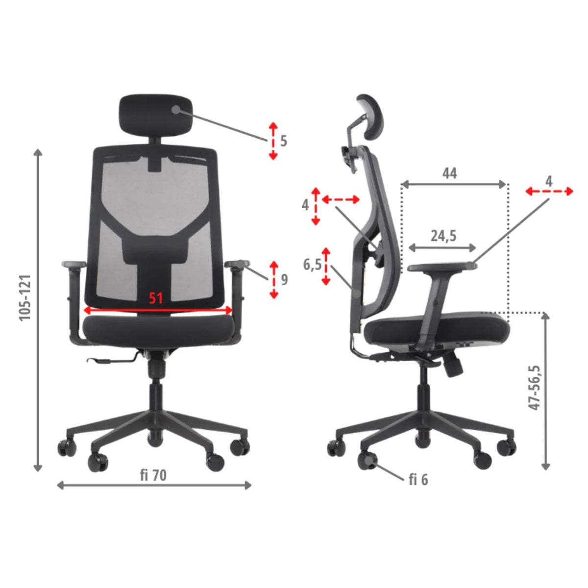 Proizvod je ergonomska uredska stolica, točnije model Curtiz. Slika prikazuje stolicu iz prednjeg i bočnog pogleda, ističući njezine podesive značajke i dimenzije. Sadrži naslon od mrežaste tkanine za prozračnost, podesive naslone za ruke i udobno sjedalo, a sve je dizajnirano za promicanje dobrog držanja i udobnosti tijekom dugotrajnog korištenja.