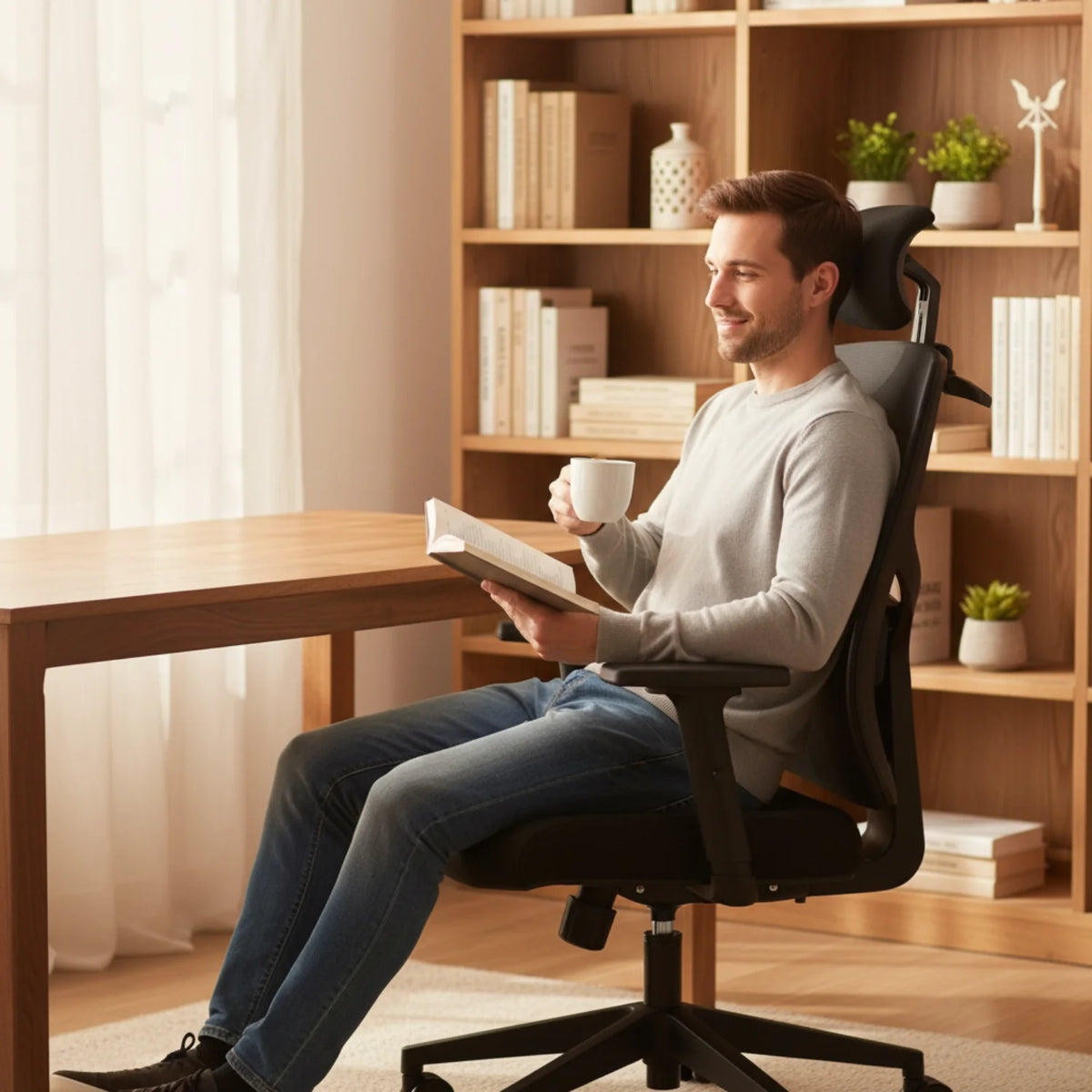 Slika prikazuje ergonomsku uredsku stolicu, točnije model Curtiz. Muškarac udobno sjedi u stolici dok čita knjigu i drži šalicu, s drvenim radnim stolom i policom za knjige punom knjiga i ukrasnih predmeta u pozadini. Okruženje je svijetlo i privlačno, sugerirajući ugodan radni prostor.