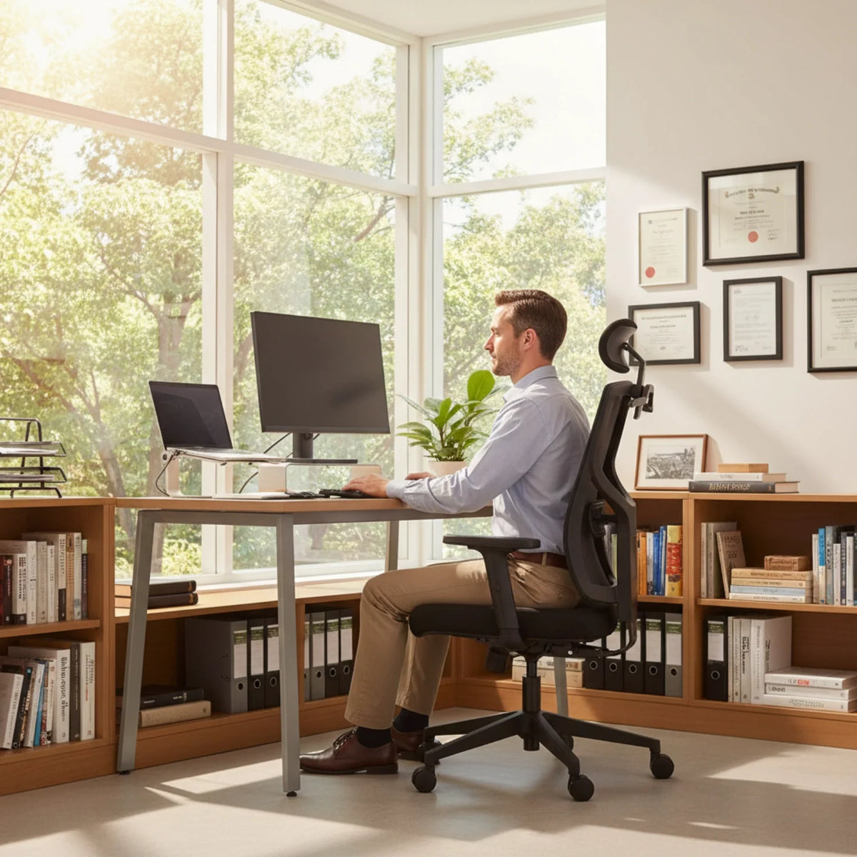 Proizvod je ergonomska uredska stolica, točnije model "Curtiz". Slika prikazuje muškarca koji sjedi za radnim stolom i radi na računalu s monitorom i prijenosnim računalom. Radni prostor dobro je osvijetljen prirodnim svjetlom koje dopire kroz velike prozore, a u pozadini su vidljive police s knjigama i certifikati, što stvara profesionalno i organizirano okruženje.