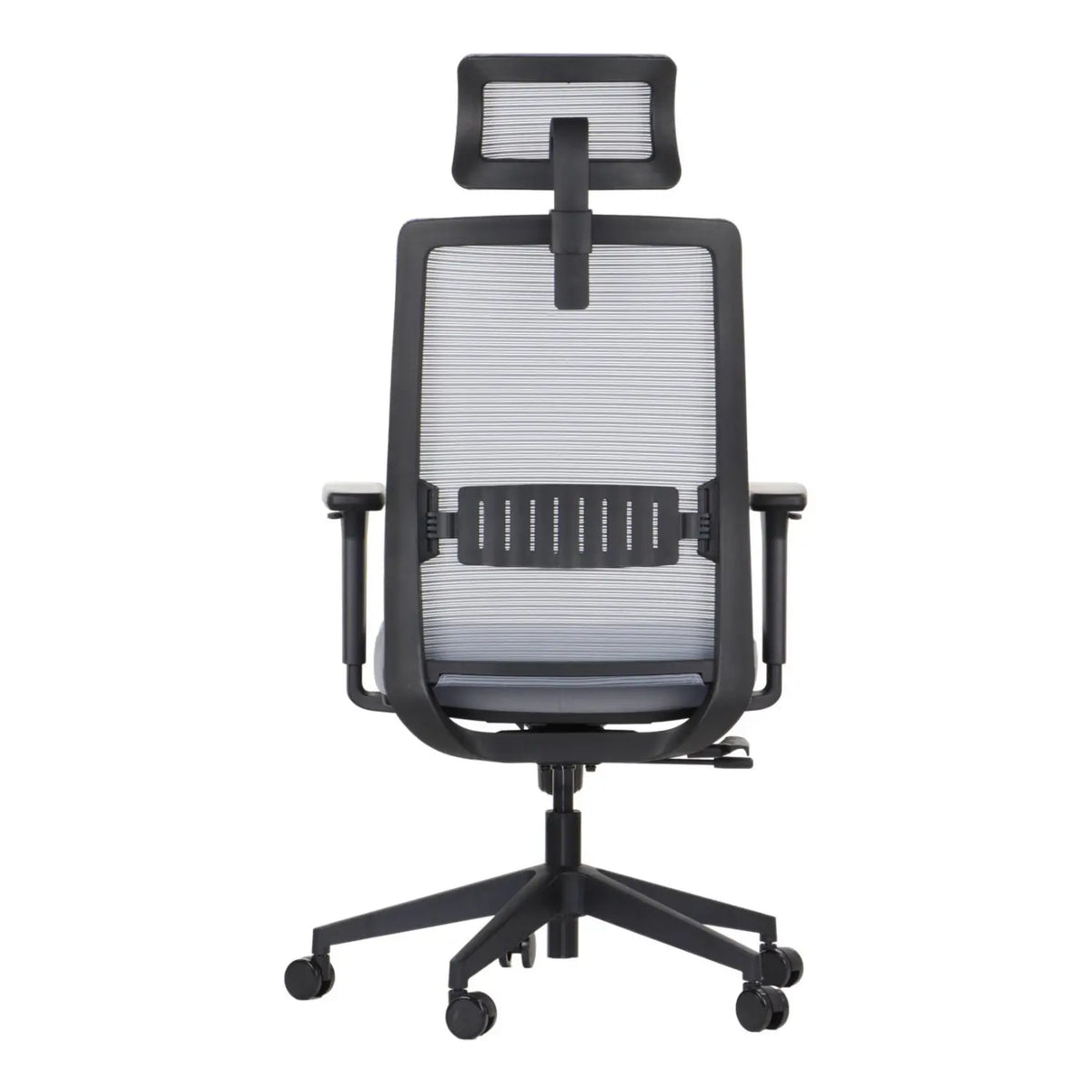 Proizvod je ergonomska uredska stolica, točnije model Cutler. Slika prikazuje pogled na stolicu sa stražnje strane, s mrežastim naslonom za leđa za prozračnost, podesivim naslonom za glavu i naslonima za ruke. Stolica je dizajnirana za udobnost i potporu, s elegantnom, modernom estetikom.