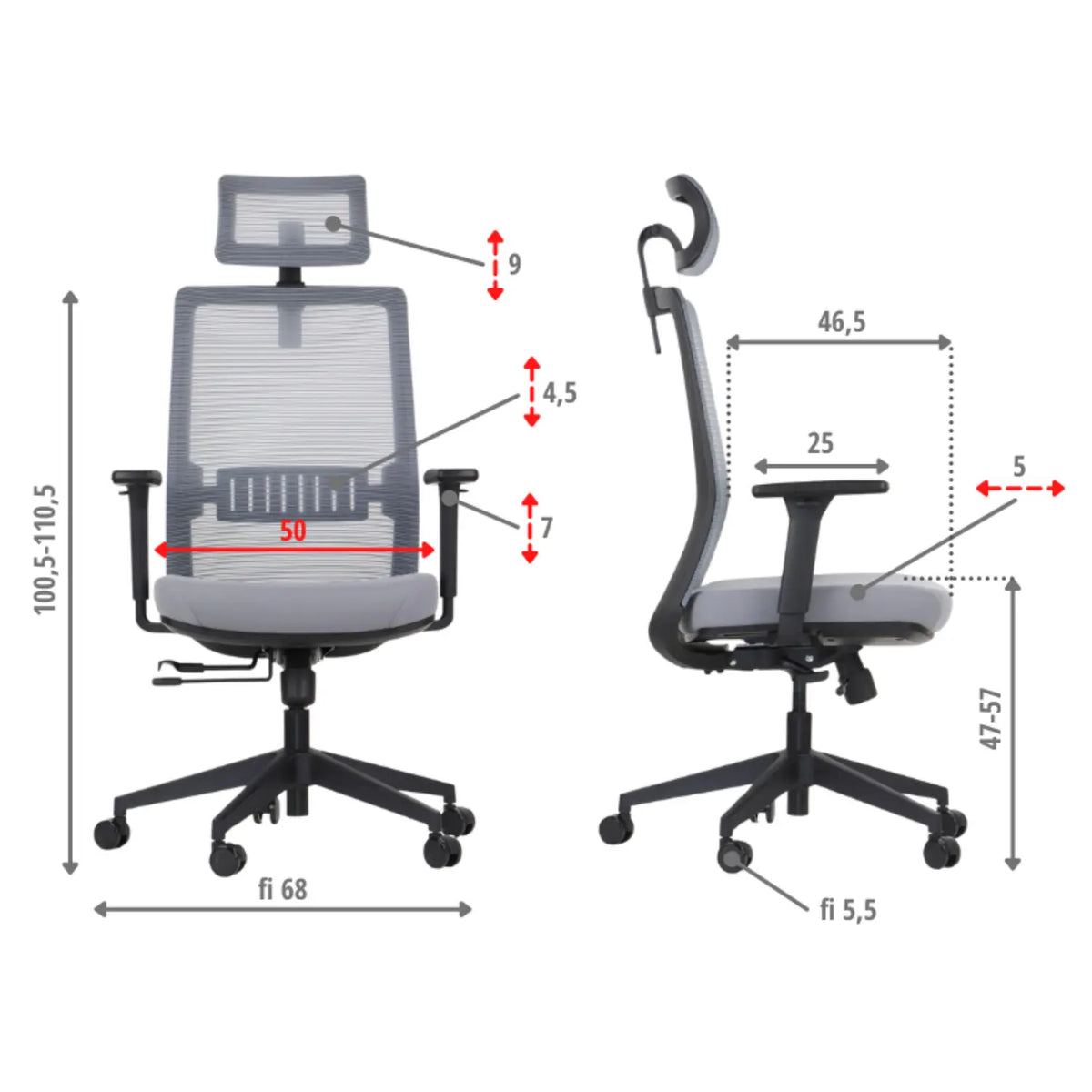Proizvod je ergonomska uredska stolica poznata kao model Cutler. Slika prikazuje stolicu s prednje i bočne strane, ističući njezine podesive značajke, uključujući podešavanje visine i naslona za ruke. Stolica ima mrežasti naslon za prozračnost i moderan dizajn, prikladan za uredska okruženja. Dimenzije su također navedene kao referenca.