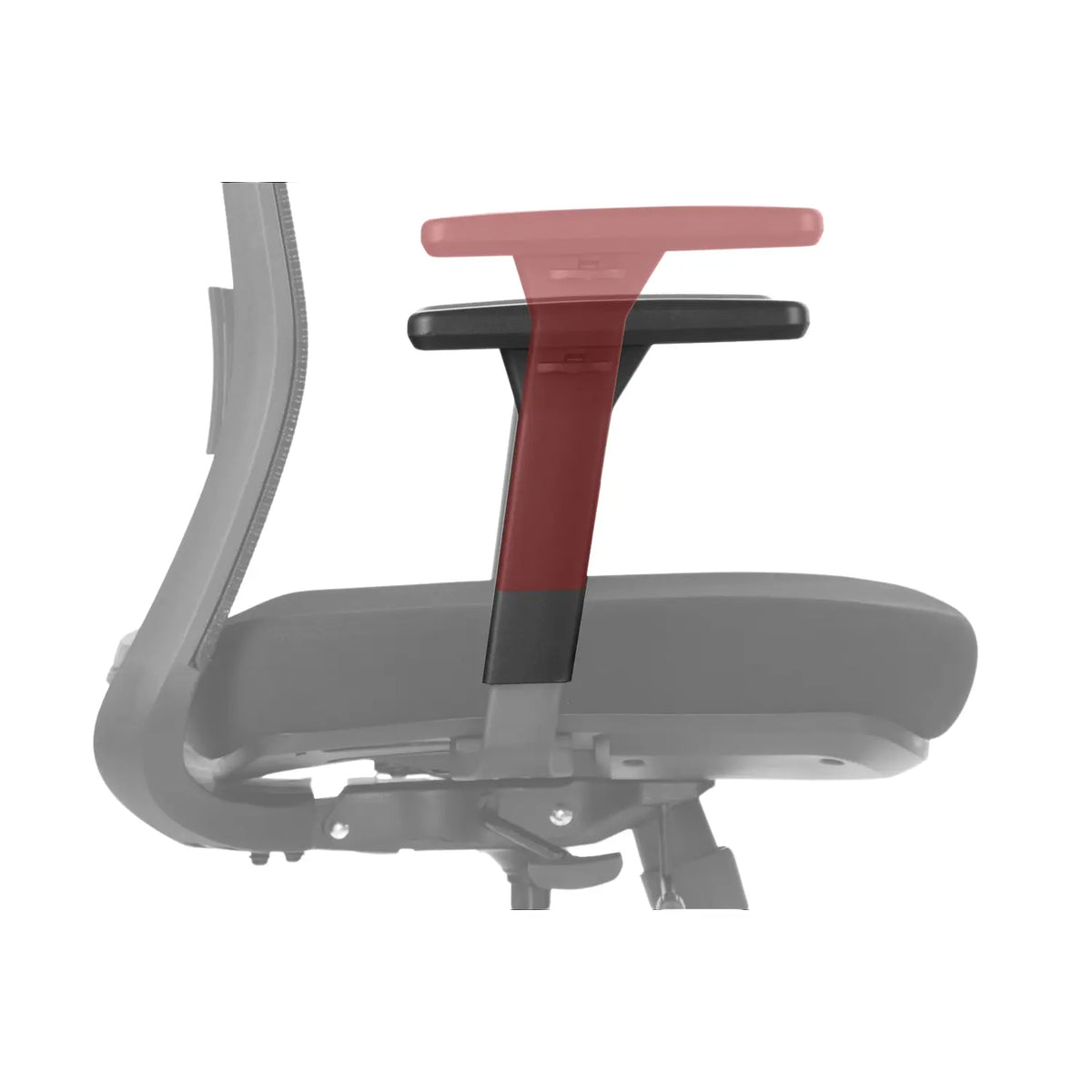 Slika prikazuje ergonomsku uredsku stolicu, točnije model Cutler. Ističe krupni plan naslona za ruke stolice, koji je dizajniran za udobnost i potporu. Čini se da naslon za ruke ima podesivu značajku, s dvobojnom shemom koja označava različite dijelove.