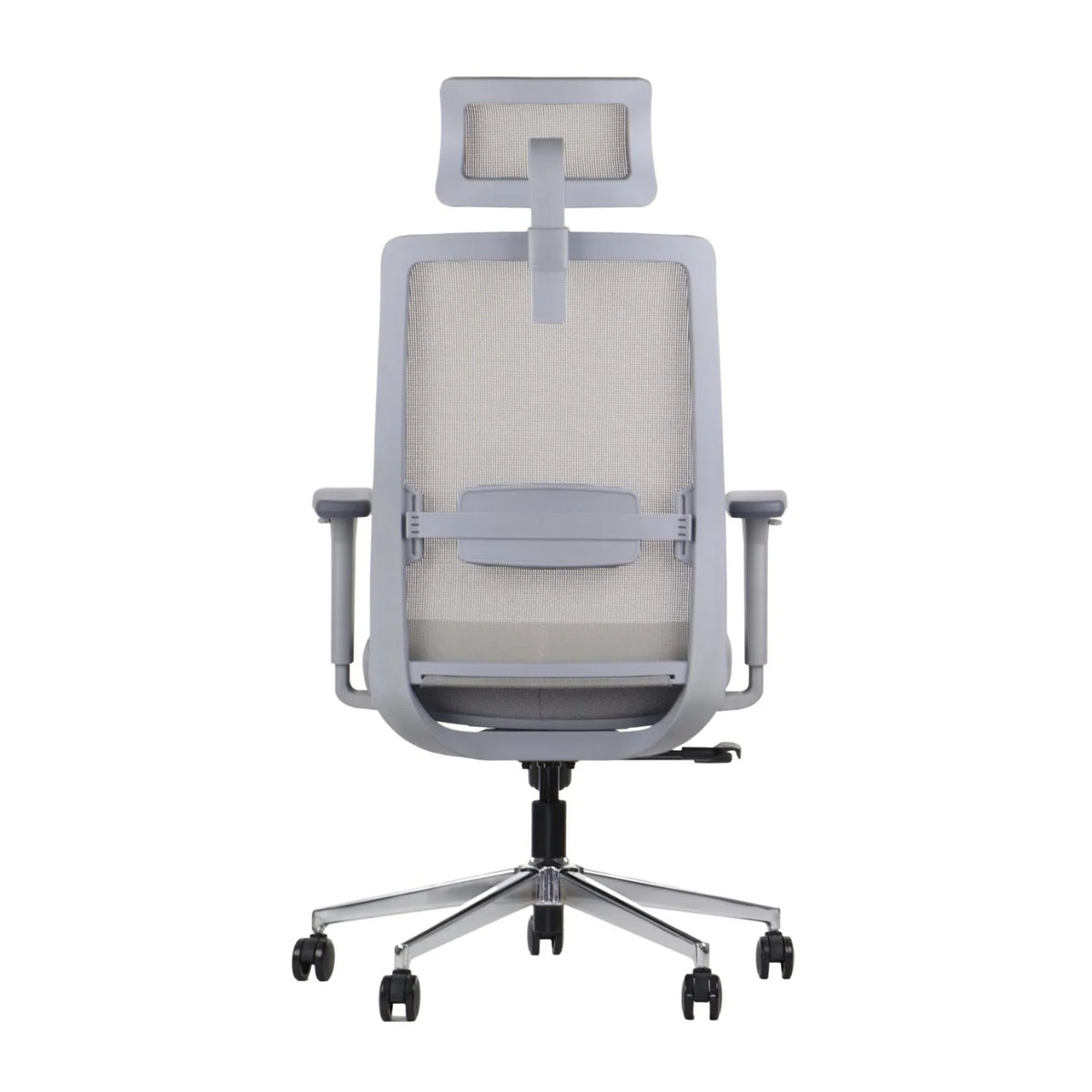 Proizvod je ergonomska uredska stolica, točnije model Cutler GF. Slika prikazuje pogled na stolicu sa stražnje strane, s mrežastim naslonom za leđa za prozračnost, podesivim naslonom za glavu i naslonima za ruke. Stolica je postavljena na kromiranu bazu s kotačićima za mobilnost.