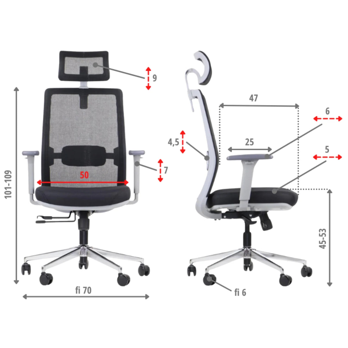 Proizvod je ergonomska uredska stolica, točnije model Cutler GF. Slika prikazuje stolicu s prednje i bočne strane, ističući njezin mrežasti naslon za leđa, podesivi naslon za glavu i naslone za ruke. Također uključuje detaljne mjere za različite dimenzije, poput visine i širine, što ukazuje na njezine podesive značajke za udobnost korisnika.