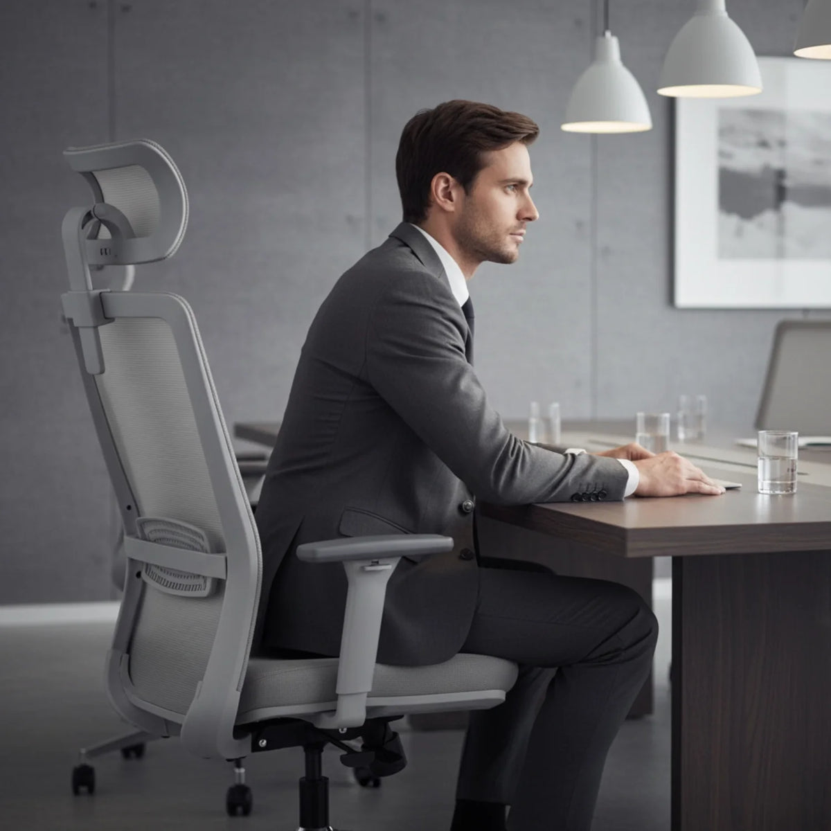 Slika prikazuje ergonomsku uredsku stolicu, točnije model Cutler GF. Prikazuje muškarca u odijelu koji sjedi za radnim stolom, ističući moderan dizajn stolice i njezine potporne značajke. Okruženje je elegantno, suvremeno uredsko okruženje s neutralnim tonovima i minimalističkim dekorom.
