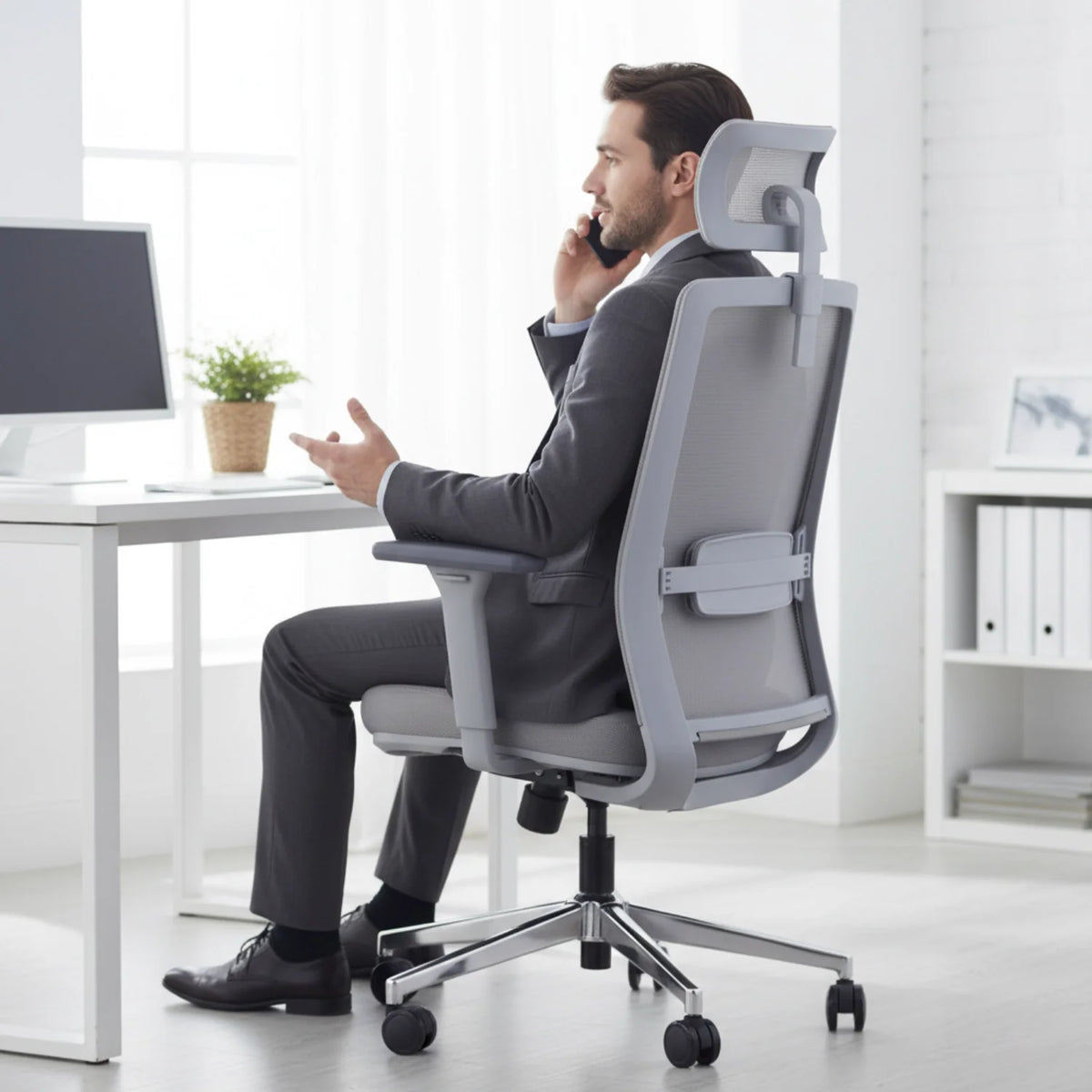 Slika prikazuje ergonomsku uredsku stolicu, točnije model Cutler GF. Prikazuje muškarca u odijelu koji sjedi u stolici dok razgovara na telefon, s modernim uredom u pozadini, uključujući radni stol, računalni monitor i malu biljku. Stolica ima elegantan dizajn s mrežastim naslonom i podesivim značajkama, naglašavajući udobnost