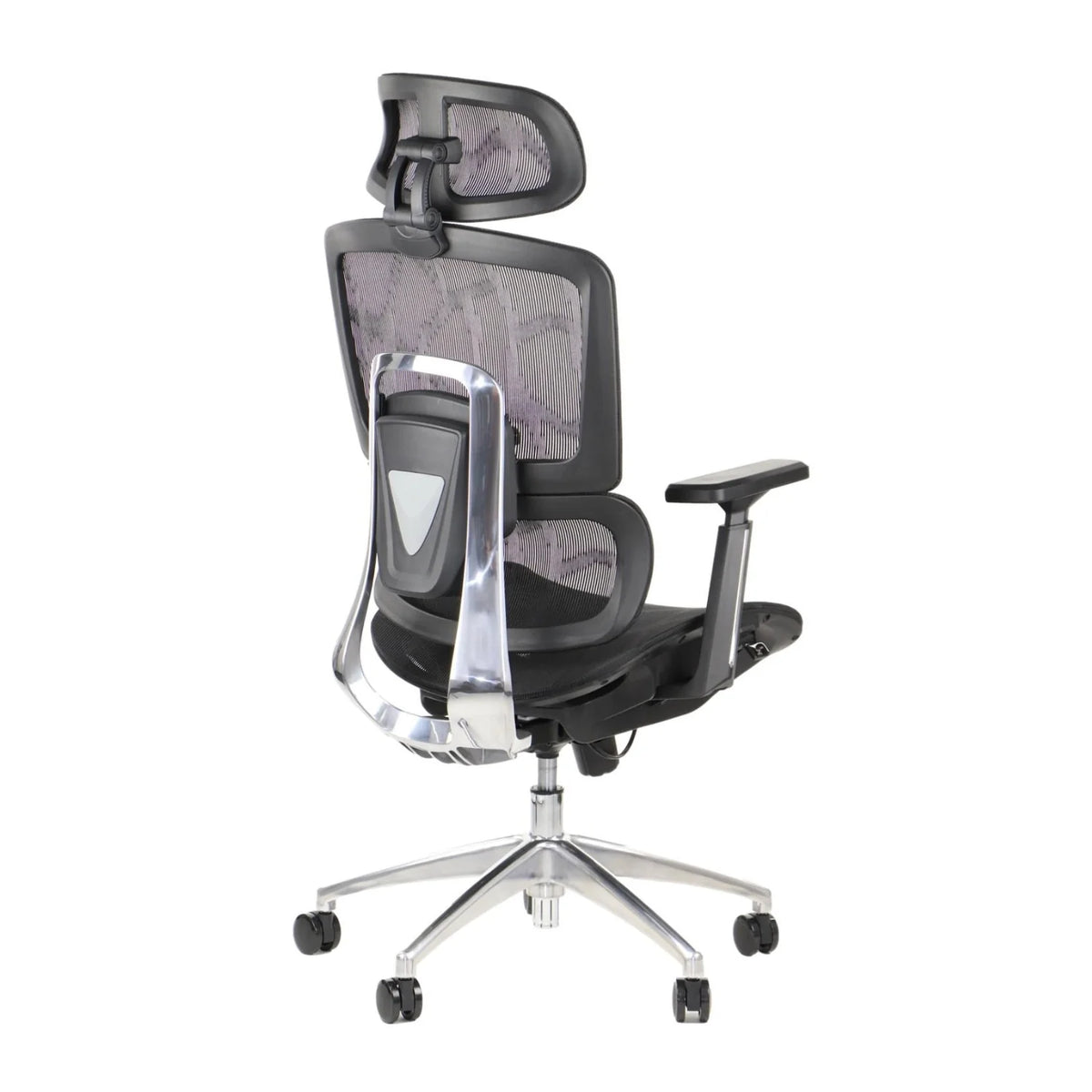 Proizvod je ergonomska uredska stolica, točnije model Ergonew A1. Slika prikazuje stolicu iz bočnog kuta, ističući njezin mrežasti naslon za leđa, podesivi naslon za glavu i naslone za ruke. Postolje ima kromiranu završnu obradu s kotačićima za mobilnost, naglašavajući i funkcionalnost i moderan dizajn.