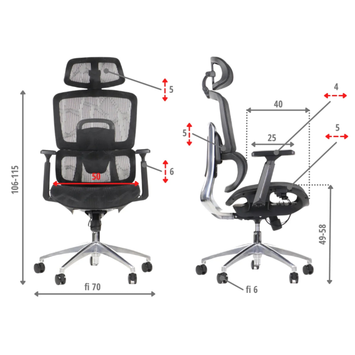 Proizvod je ergonomska uredska stolica, točnije model Ergonew A1. Slika prikazuje stolicu s prednje i bočne strane, ističući njezine podesive značajke, uključujući podešavanje visine i naslona za ruke. Stolica ima moderan dizajn s mrežastim naslonom za prozračnost i kromiranom bazom za stabilnost.