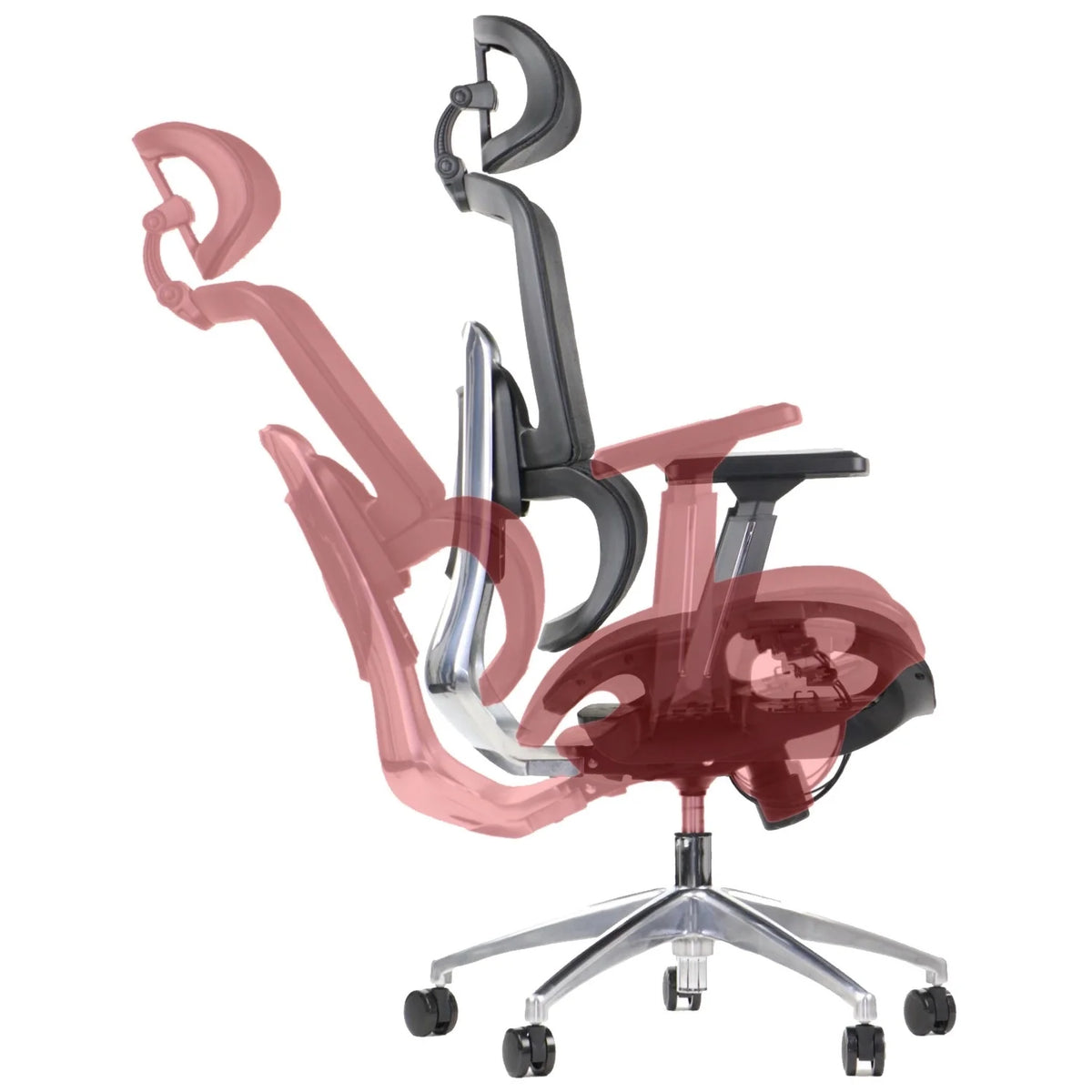 Proizvod je ergonomska uredska stolica, točnije model Ergonew A1. Slika prikazuje podesive značajke stolice, ističući njezin ergonomski dizajn s fleksibilnim naslonom za leđa i naslonima za ruke, kao i elegantno kromirano postolje s kotačićima za mobilnost.