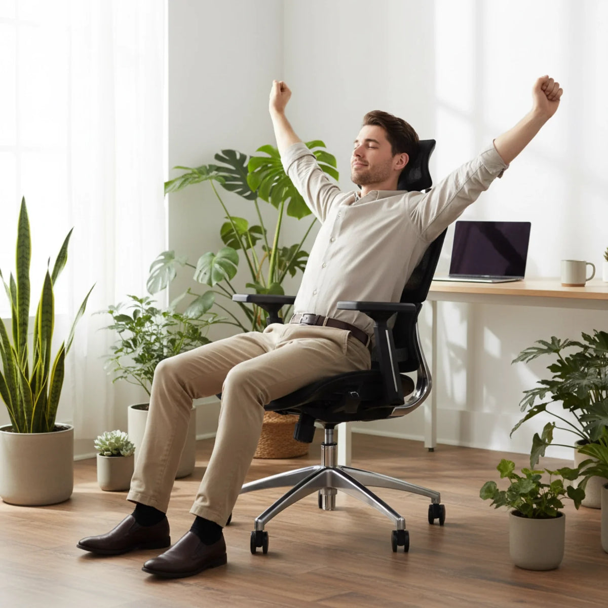 Slika prikazuje model ergonomske uredske stolice "Ergonew A1". Muškarac udobno sjedi na stolici, protežući ruke s opuštenim izrazom lica. Okruženje uključuje sobne biljke i stol s prijenosnim računalom, stvarajući svijetao i privlačan radni prostor.