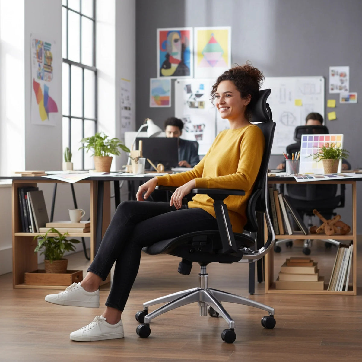 Proizvod je ergonomska uredska stolica, točnije model Ergonew A1. Slika prikazuje ženu kako udobno sjedi u stolici, odjevenu u žuti džemper, u modernom uredskom okruženju. Pozadina prikazuje radne stolove s biljkama, umjetnička djela na zidovima i druge ljude koji rade, stvarajući dinamičnu i produktivnu atmosferu.