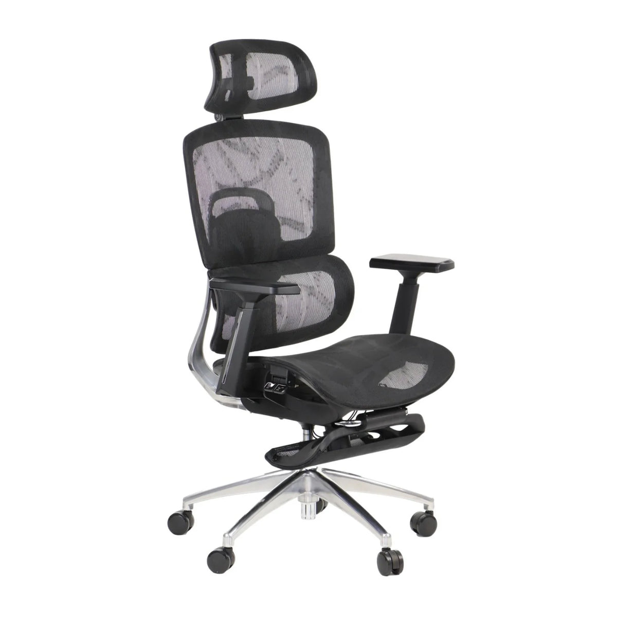 Proizvod je ergonomska uredska stolica, točnije model Ergonew A1F. Stolica ima visoki naslon za leđa s mrežastim dizajnom za prozračnost, podesive naslone za ruke i elegantno kromirano postolje s kotačićima za mobilnost. Njezin ergonomski dizajn ima za cilj pružiti udobnost i potporu tijekom dugih sati sjedenja.