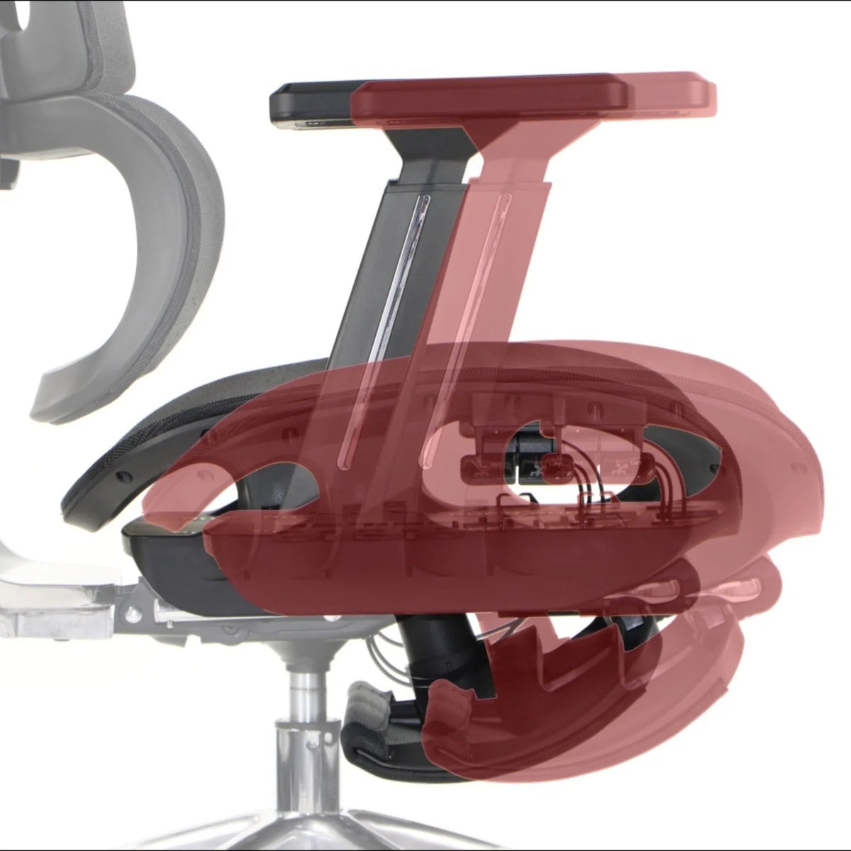 Proizvod je ergonomska uredska stolica, točnije model Ergonew A1F. Slika prikazuje naslon za ruke stolice i njegove podesive značajke, ističući ergonomski dizajn usmjeren na pružanje udobnosti i potpore tijekom dugih razdoblja sjedenja. Stolica se odlikuje modernom estetikom s naglaskom na funkcionalnost.