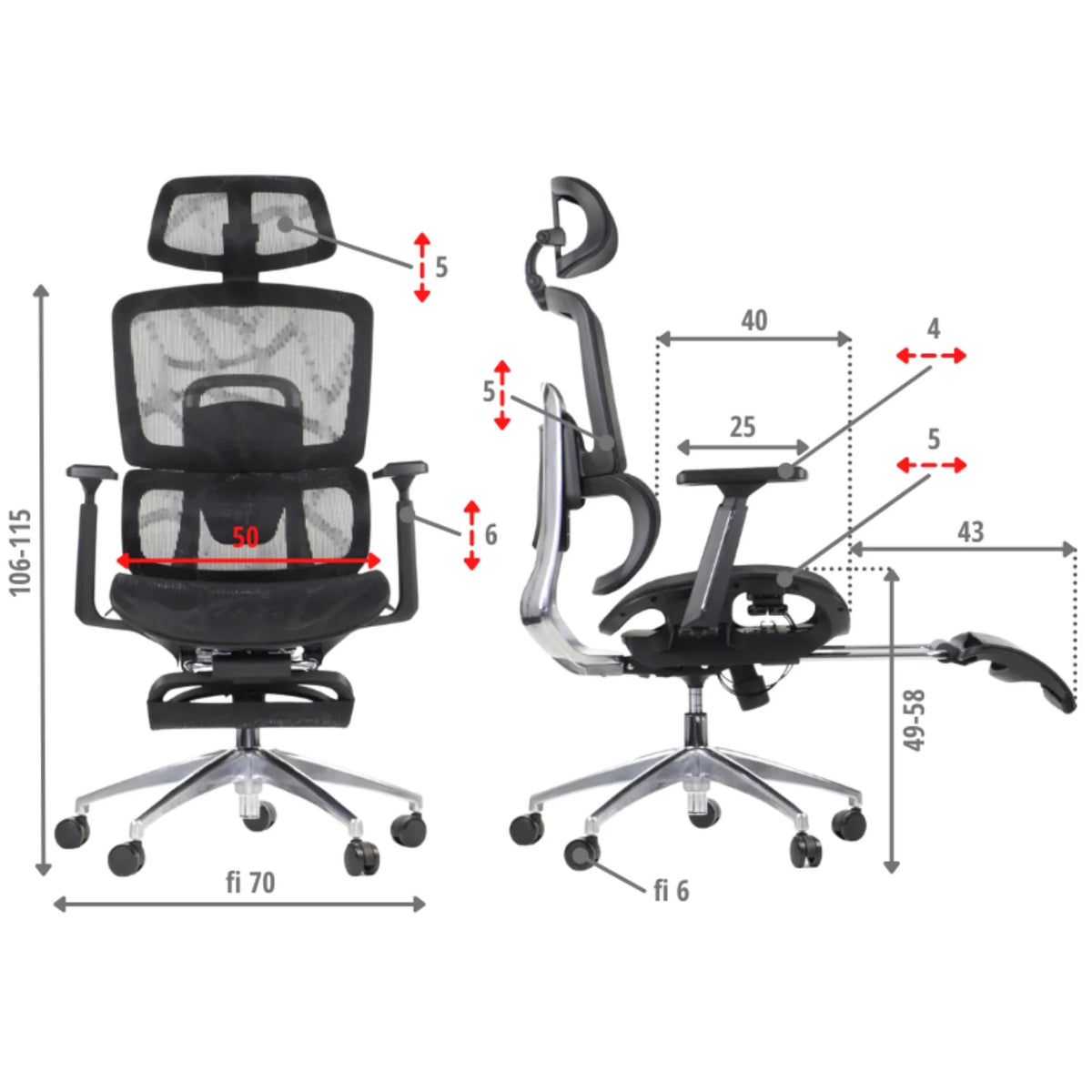Proizvod je ergonomska uredska stolica, točnije model Ergonew A1F. Slika prikazuje stolicu iz prednjeg i bočnog kuta, ističući njezine podesive značajke, uključujući naslon za glavu i naslone za ruke. Dimenzije stolice su također naznačene, naglašavajući njezin ergonomski dizajn za udobnost i potporu tijekom produljenog korištenja.
