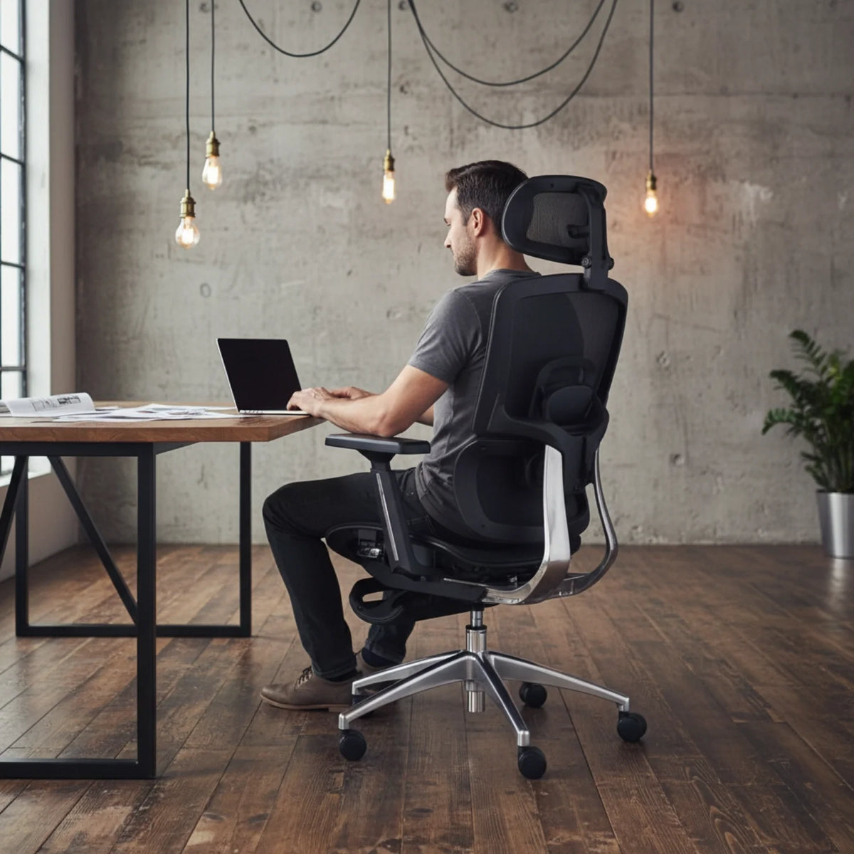 Proizvod je ergonomska uredska stolica, točnije model Ergonew A1F. Slika prikazuje muškarca kako sjedi u stolici dok radi na prijenosnom računalu za drvenim stolom, u modernom interijeru s betonskim zidovima i visilicama.