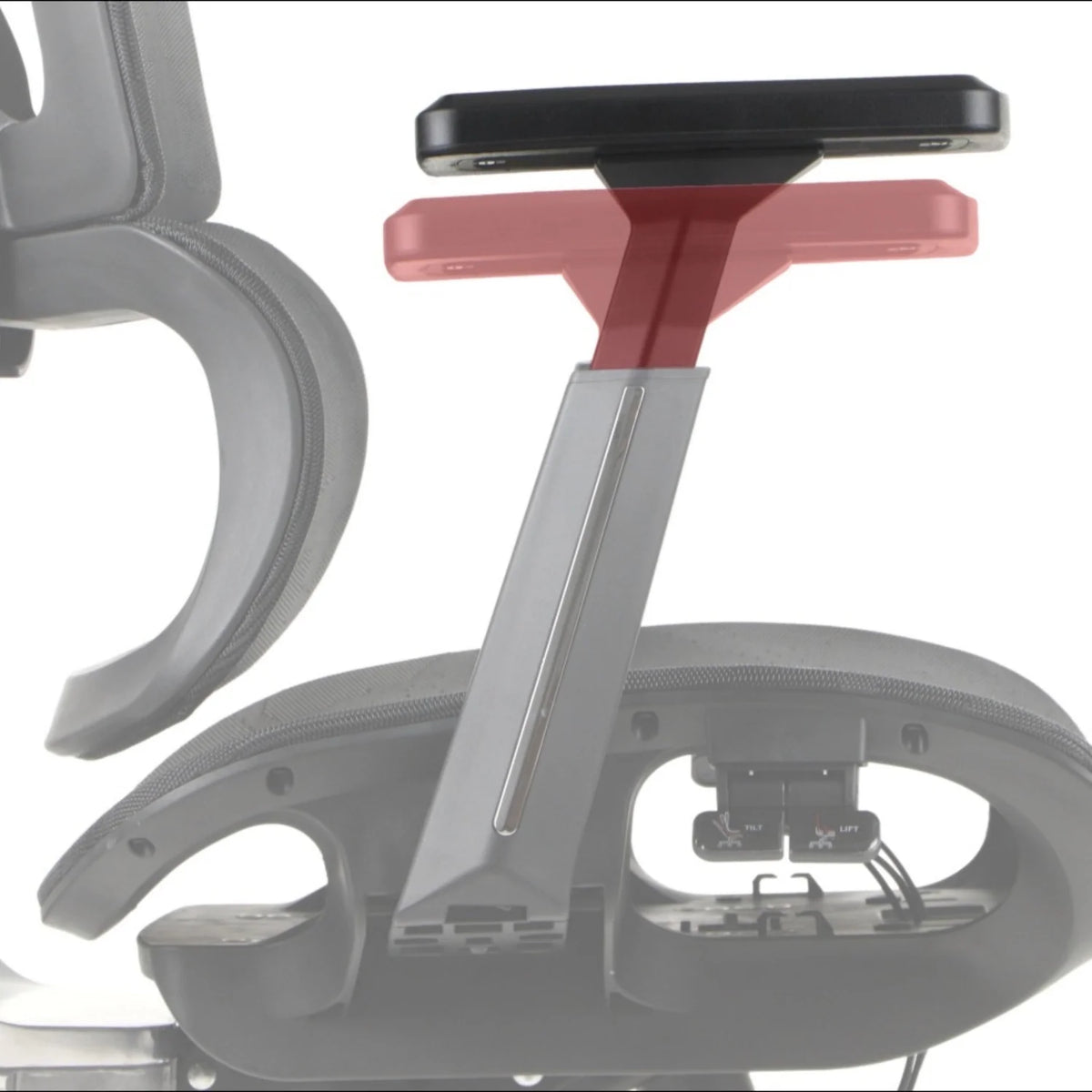 Slika prikazuje ergonomsku uredsku stolicu, točnije model Ergonew A1F. Prikazuje krupan plan naslona za ruke, ističući njegov podesivi dizajn i mehanizam za nagib i podešavanje visine koji se nalazi ispod sjedala. Čini se da su materijali kombinacija izdržljive plastike i metala, što naglašava i udobnost i funkcionalnost.
